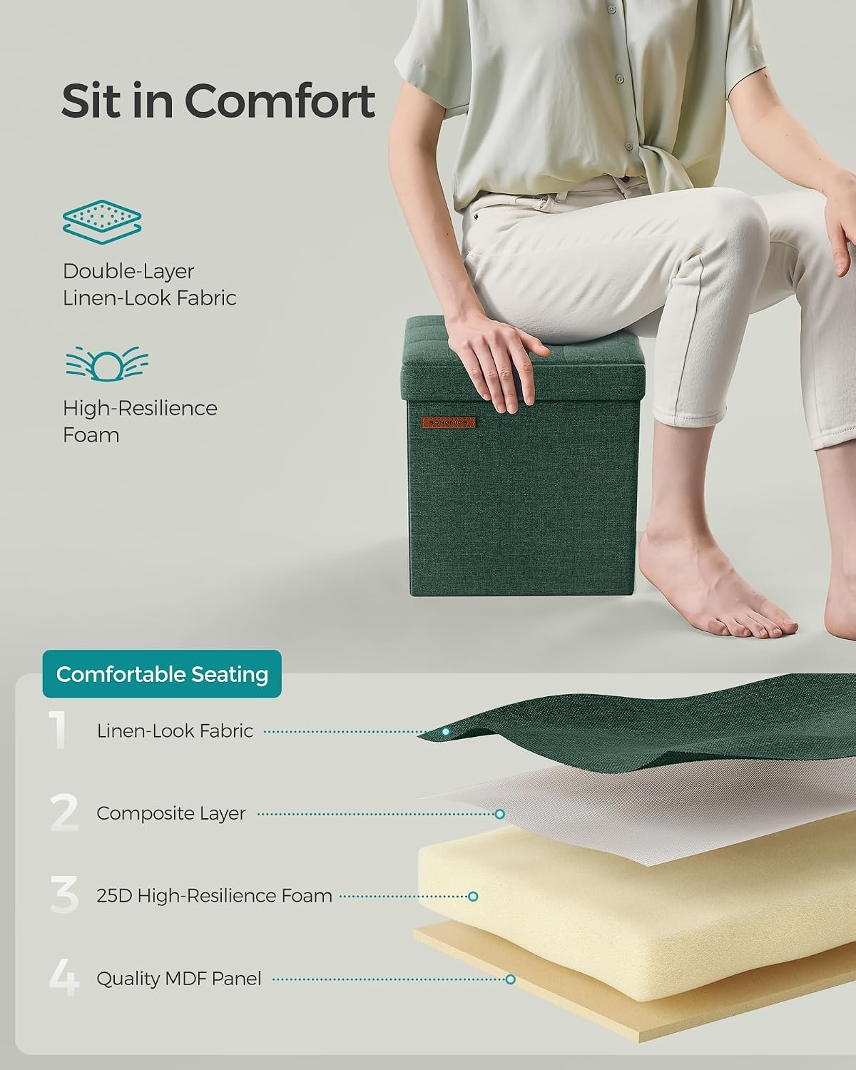 image:imageSONGMICS Small Folding Storage Ottoman 118 x 118 x 118 inRetro Green