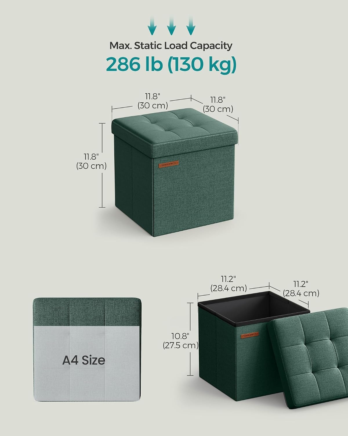 image:imageSONGMICS Small Folding Storage Ottoman 118 x 118 x 118 inRetro Green