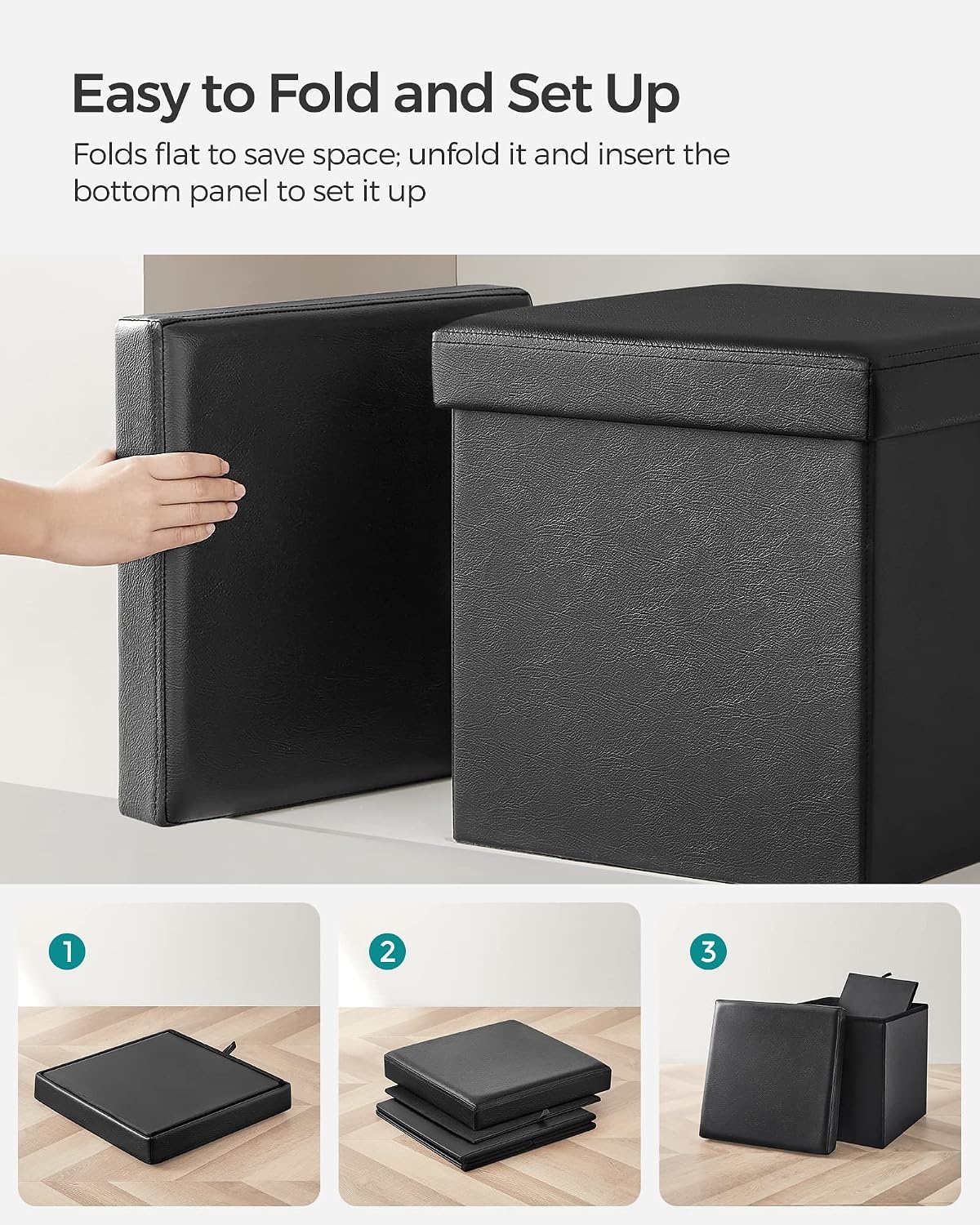 image:imageSONGMICS Storage Ottoman Foldable PU Leather Footrest 15 x 15 x 15 InchBlack