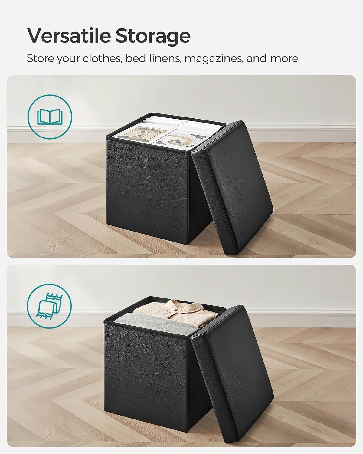 image:imageSONGMICS Storage Ottoman Foldable PU Leather Footrest 15 x 15 x 15 InchBlack