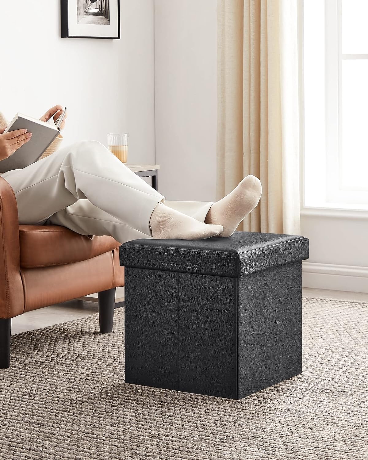 image:imageSONGMICS Storage Ottoman Foldable PU Leather Footrest 15 x 15 x 15 InchBlack