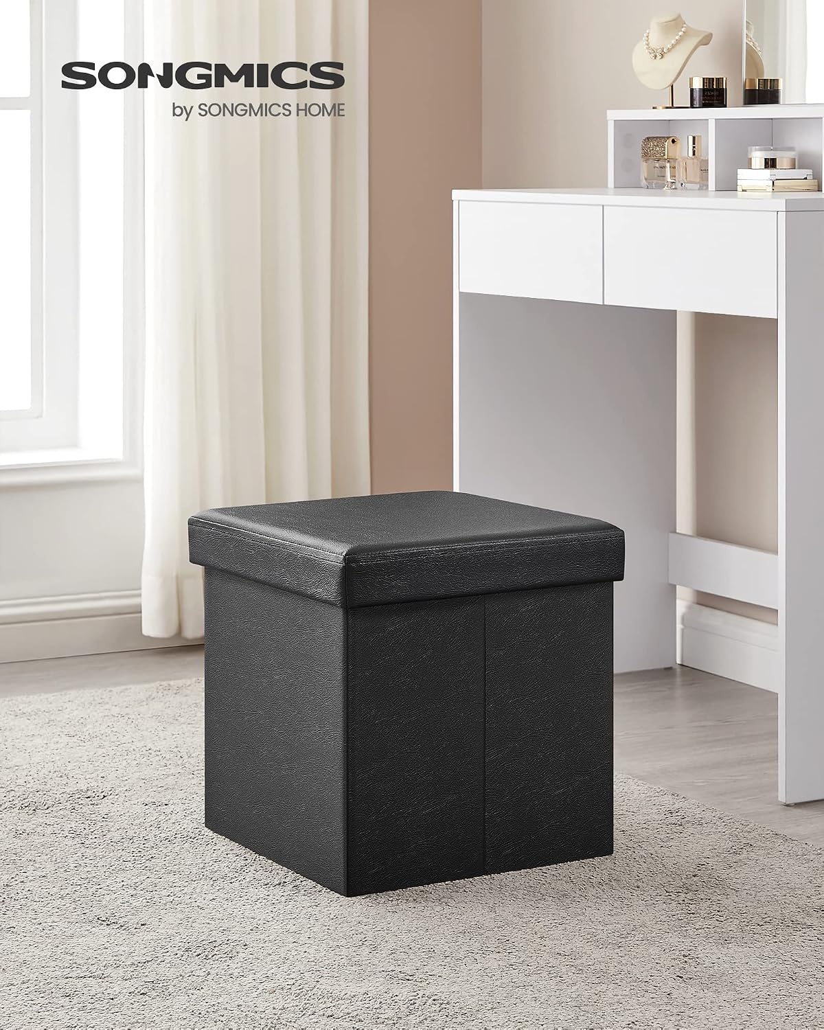 image:imageSONGMICS Storage Ottoman Foldable PU Leather Footrest 15 x 15 x 15 InchBlack
