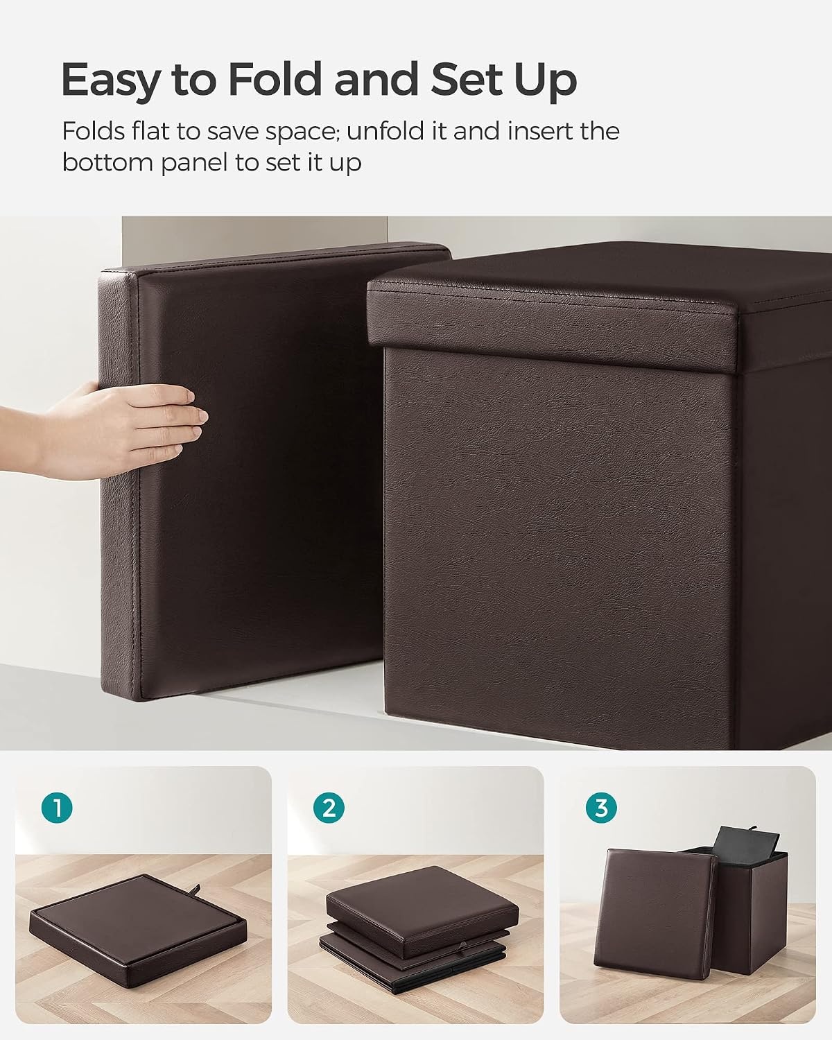 image:imageSONGMICS Storage Ottoman Foldable PU Leather Footrest 15 x 15 x 15 InchBrown
