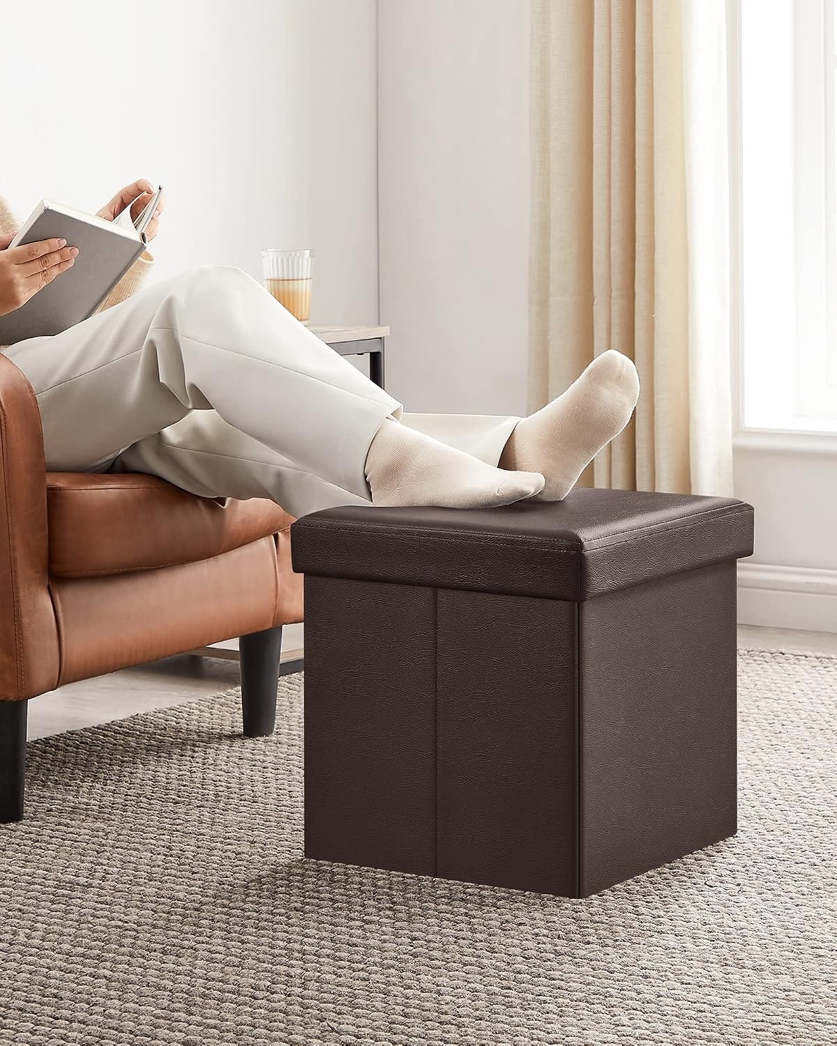 image:imageSONGMICS Storage Ottoman Foldable PU Leather Footrest 15 x 15 x 15 InchBrown