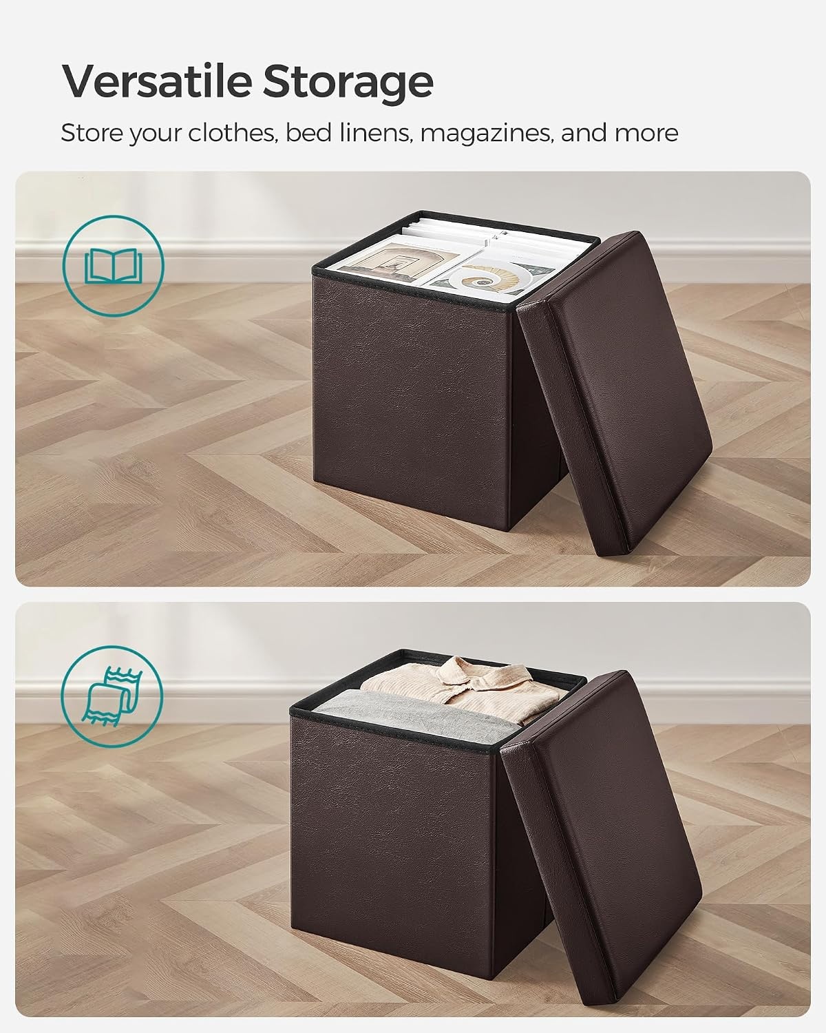 image:imageSONGMICS Storage Ottoman Foldable PU Leather Footrest 15 x 15 x 15 InchBrown