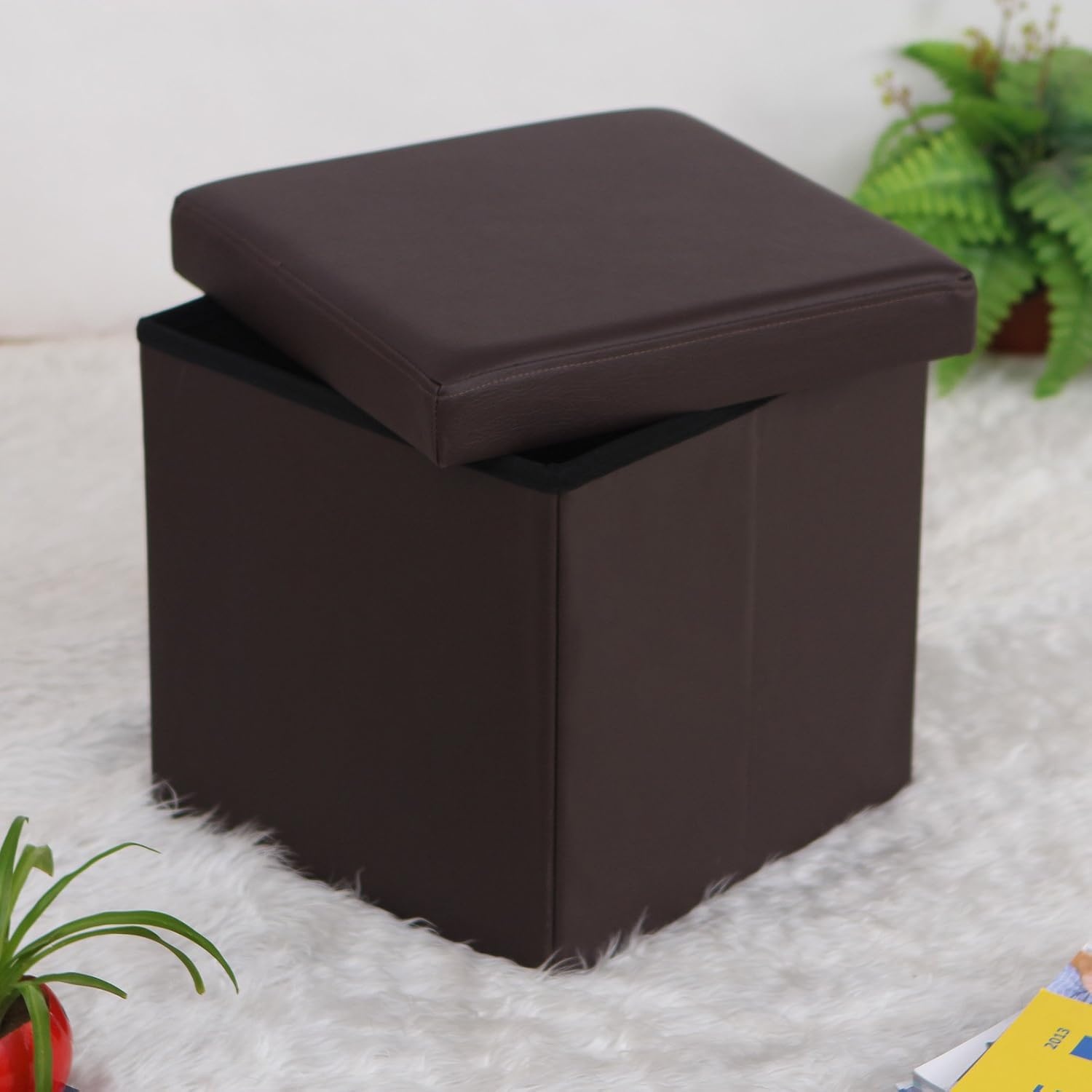 image:imageSONGMICS Storage Ottoman Foldable PU Leather Footrest 15 x 15 x 15 InchBrown