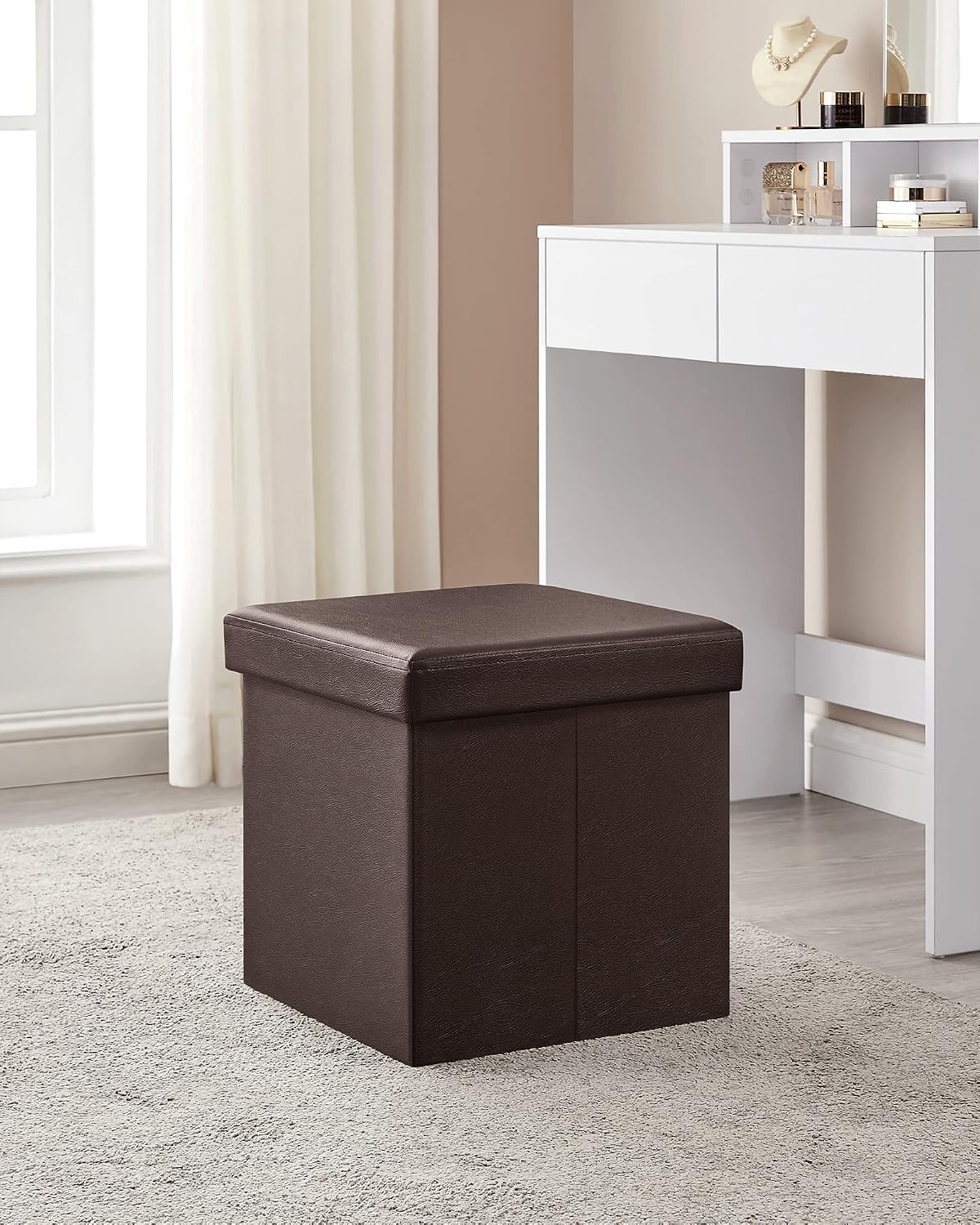 image:imageSONGMICS Storage Ottoman Foldable PU Leather Footrest 15 x 15 x 15 InchBrown