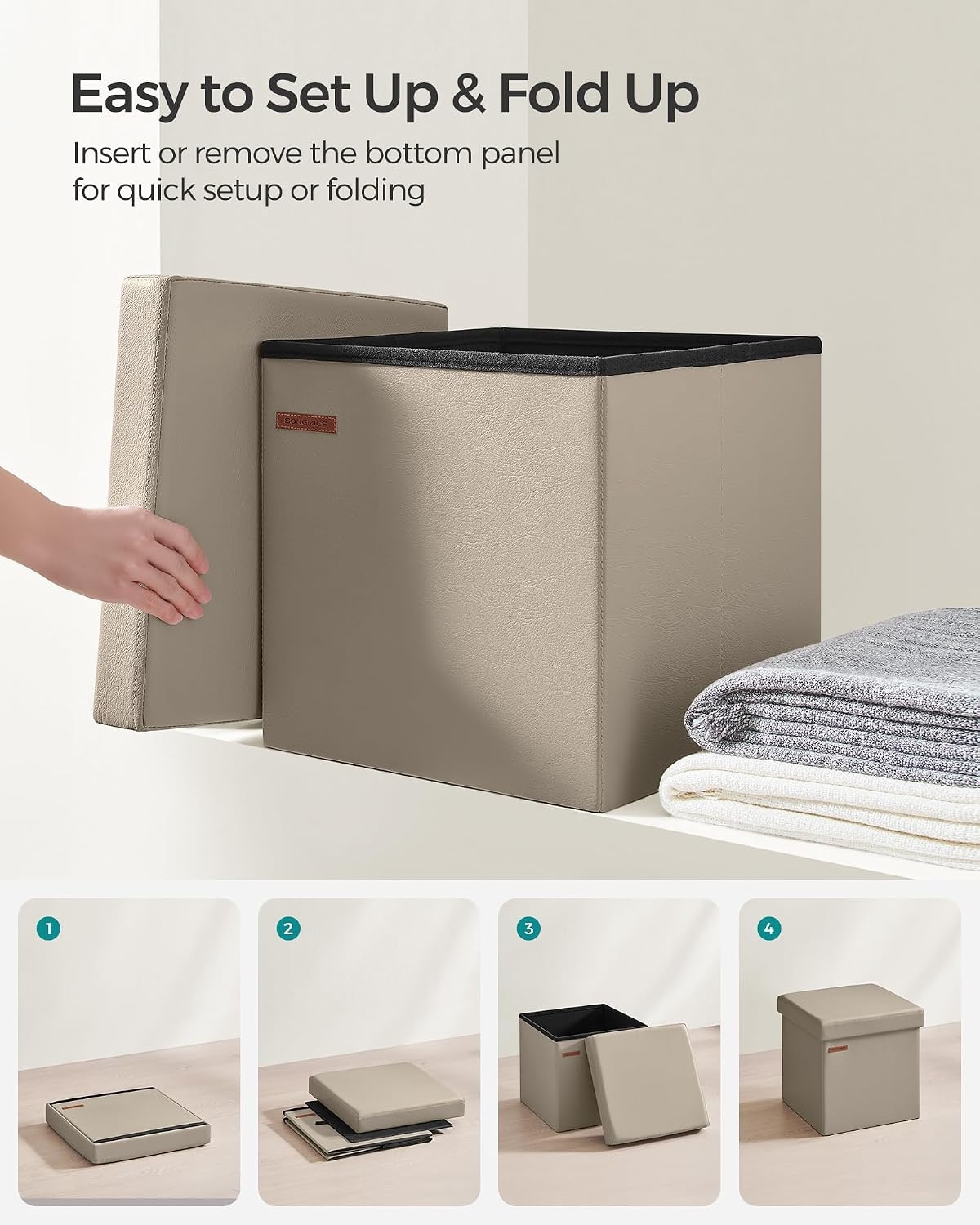 image:imageSONGMICS Storage Ottoman Foldable PU Leather Footrest 15 x 15 x 15 InchCamel Brown