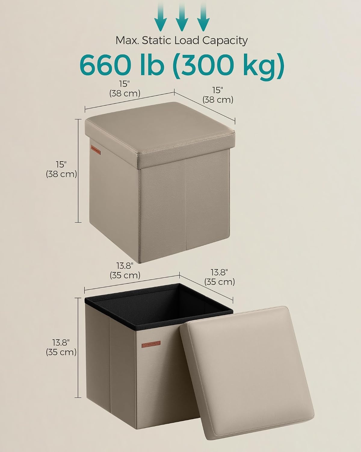 image:imageSONGMICS Storage Ottoman Foldable PU Leather Footrest 15 x 15 x 15 InchCamel Brown