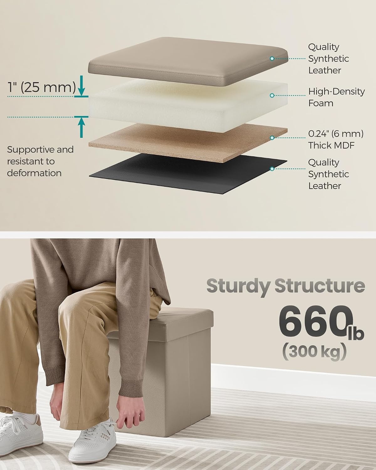image:imageSONGMICS Storage Ottoman Foldable PU Leather Footrest 15 x 15 x 15 InchCamel Brown