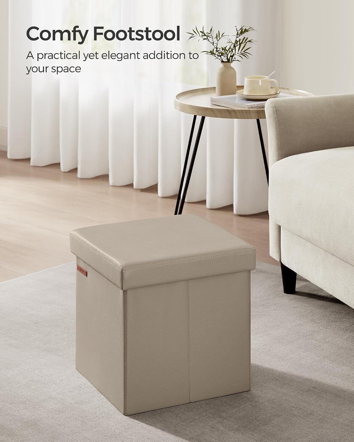 image:imageSONGMICS Storage Ottoman Foldable PU Leather Footrest 15 x 15 x 15 InchCamel Brown