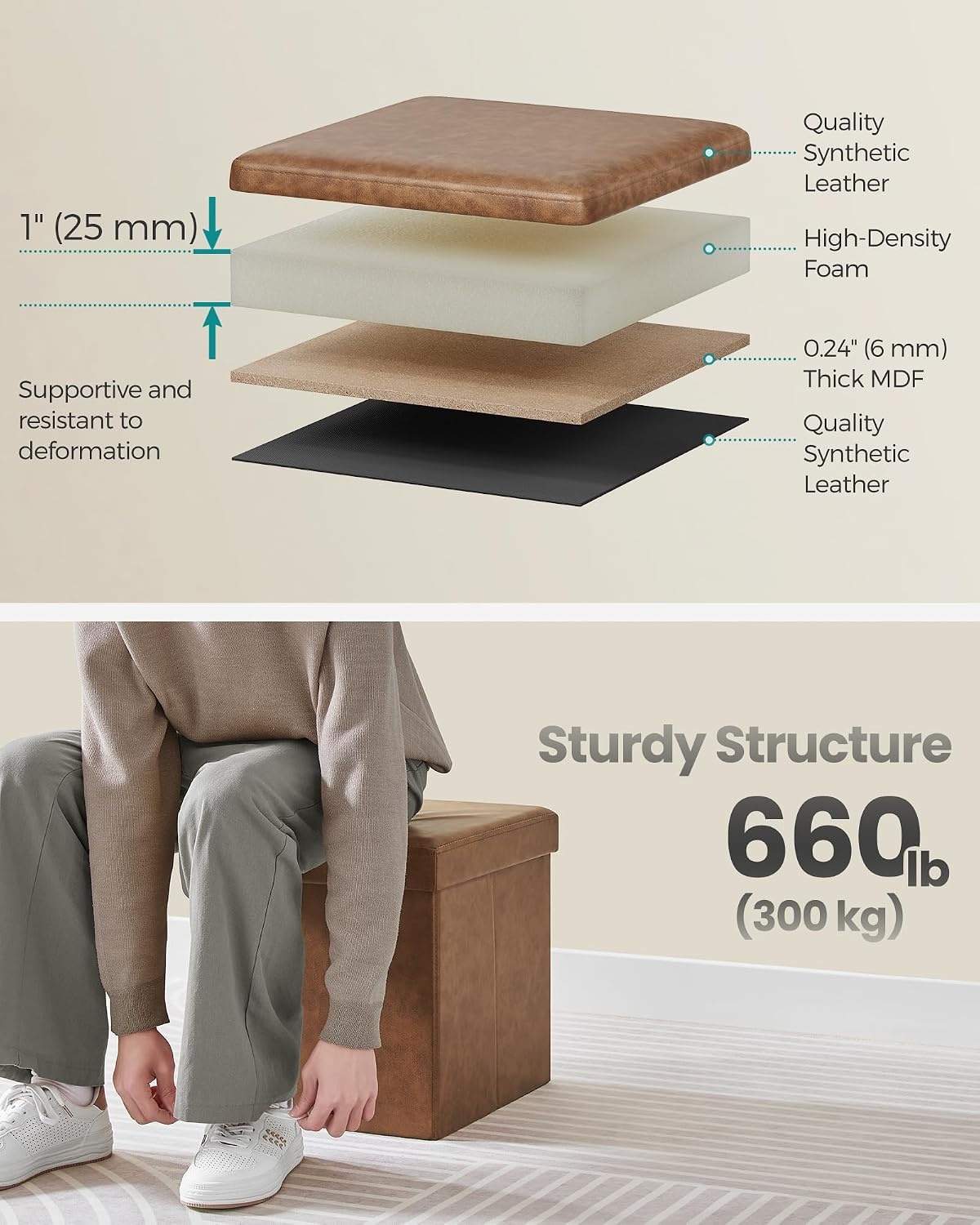 image:imageSONGMICS Storage Ottoman Foldable PU Leather Footrest 15 x 15 x 15 InchCoffee Brown