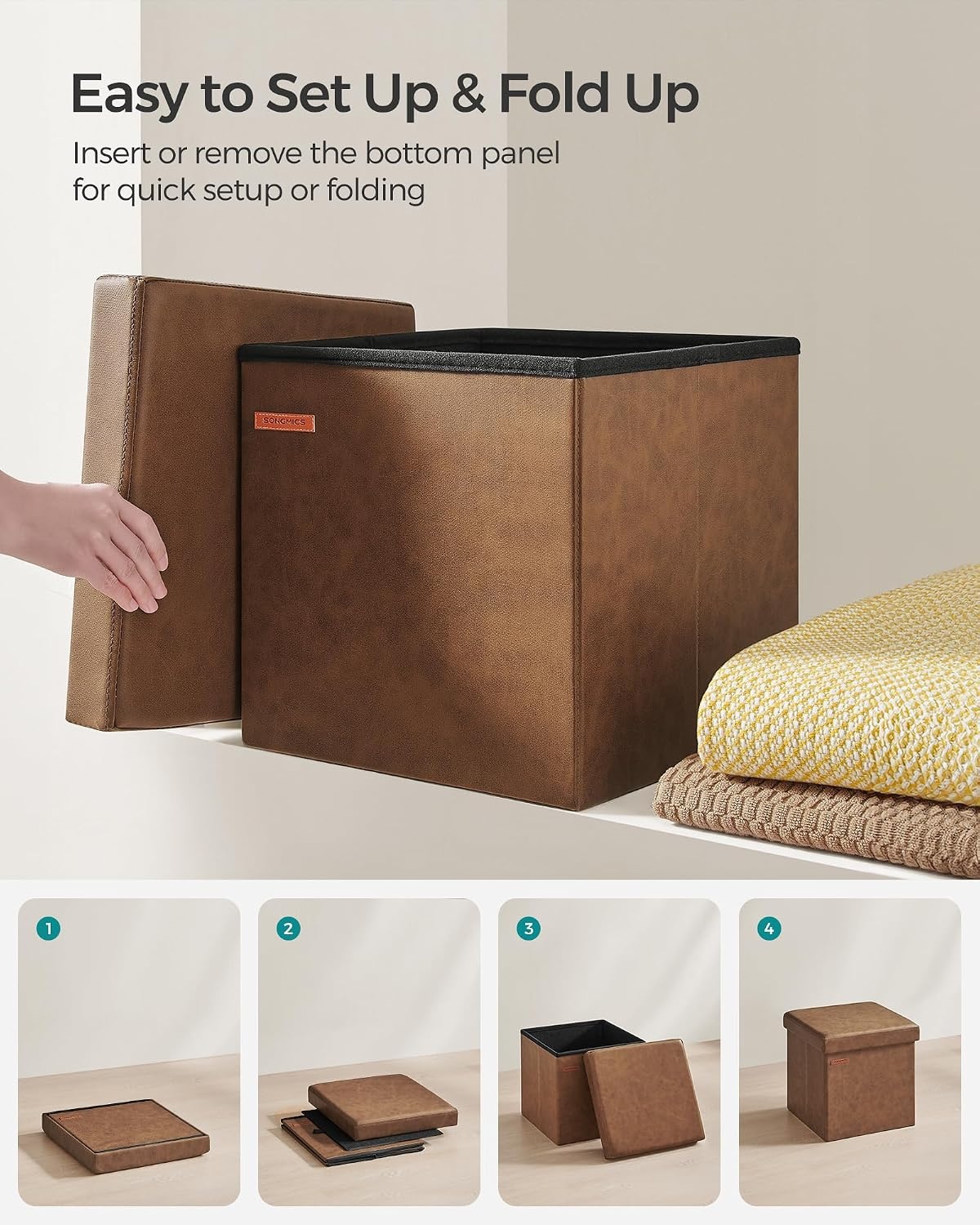 image:imageSONGMICS Storage Ottoman Foldable PU Leather Footrest 15 x 15 x 15 InchCoffee Brown