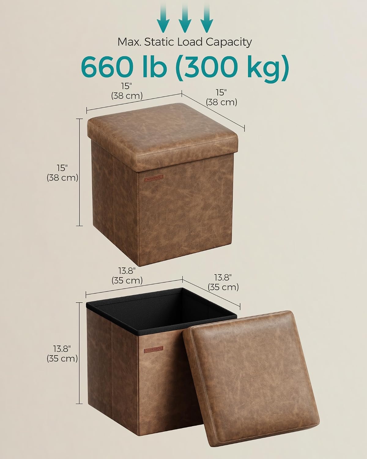 image:imageSONGMICS Storage Ottoman Foldable PU Leather Footrest 15 x 15 x 15 InchCoffee Brown