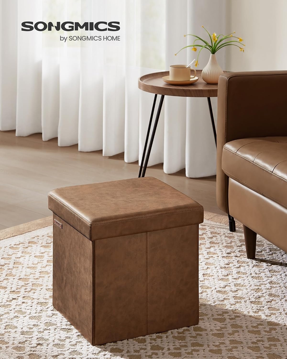 image:imageSONGMICS Storage Ottoman Foldable PU Leather Footrest 15 x 15 x 15 InchCoffee Brown