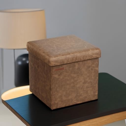 image:imageSONGMICS Storage Ottoman Foldable PU Leather Footrest 15 x 15 x 15 InchCoffee Brown