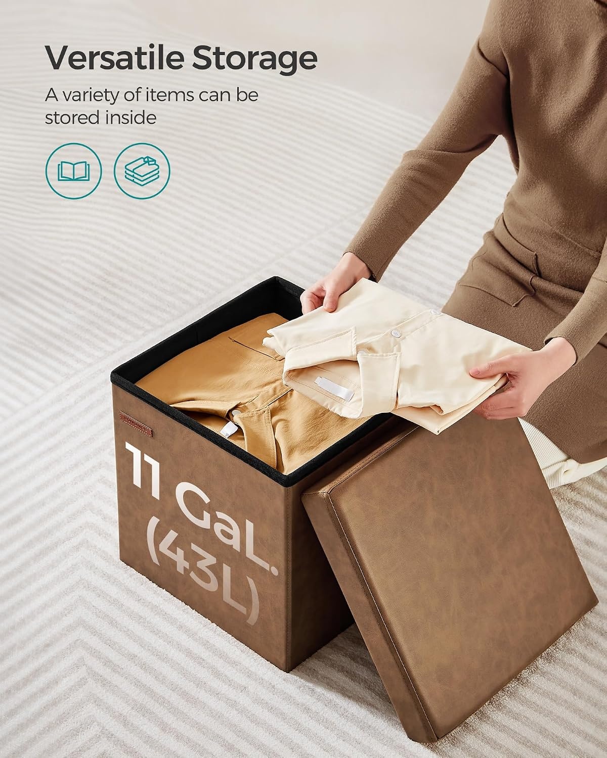 image:imageSONGMICS Storage Ottoman Foldable PU Leather Footrest 15 x 15 x 15 InchCoffee Brown