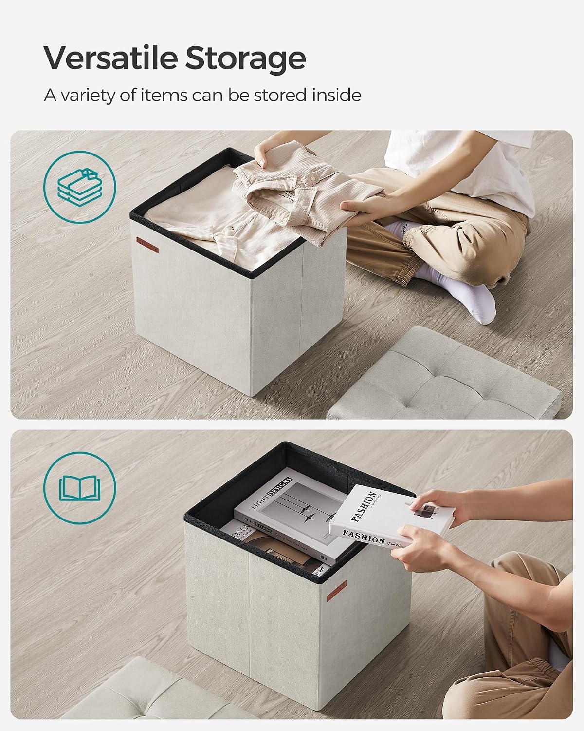 image:imageSONGMICS Storage Ottoman Foldable PU Leather Footrest 15 x 15 x 15 InchCream White