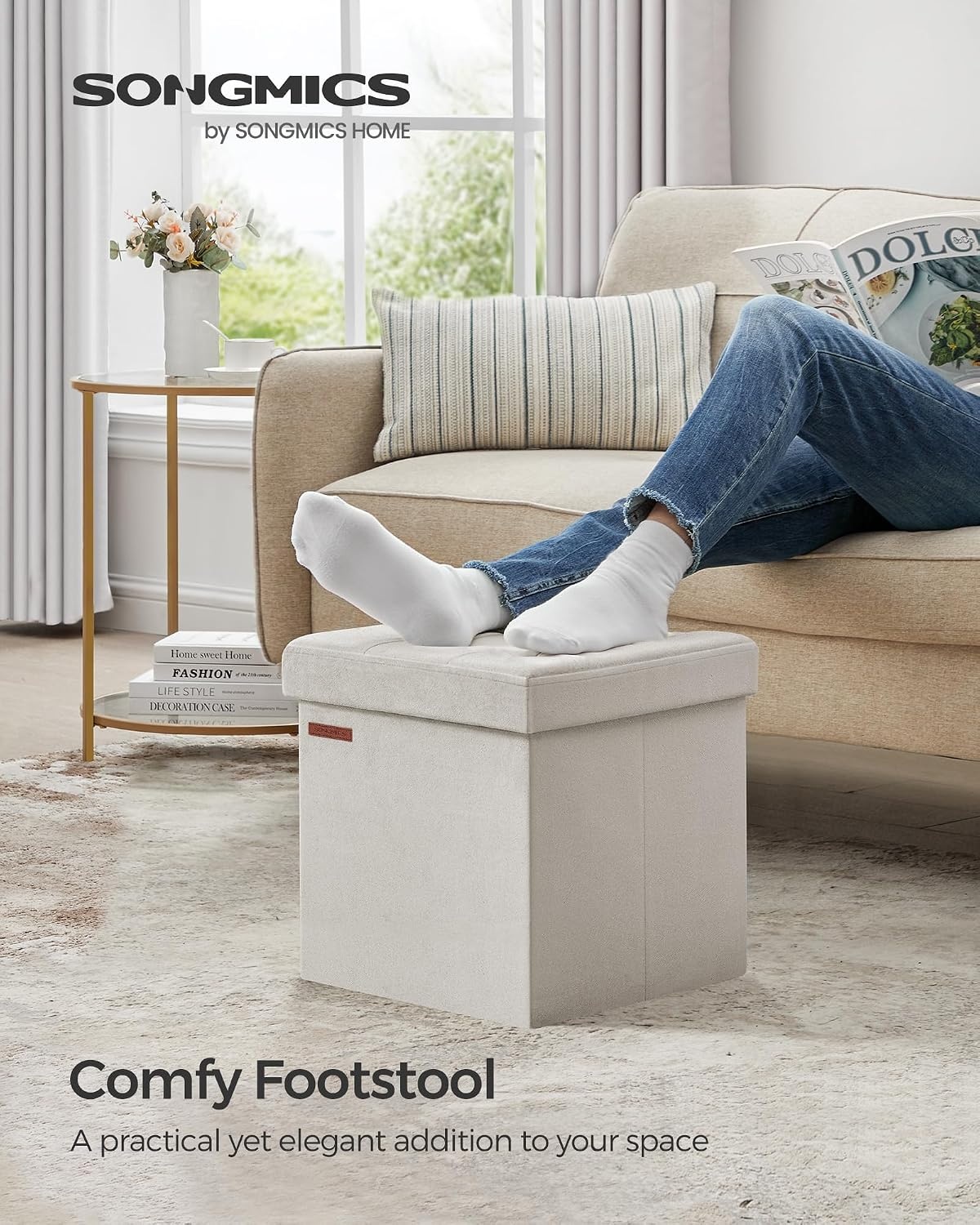 image:imageSONGMICS Storage Ottoman Foldable PU Leather Footrest 15 x 15 x 15 InchCream White