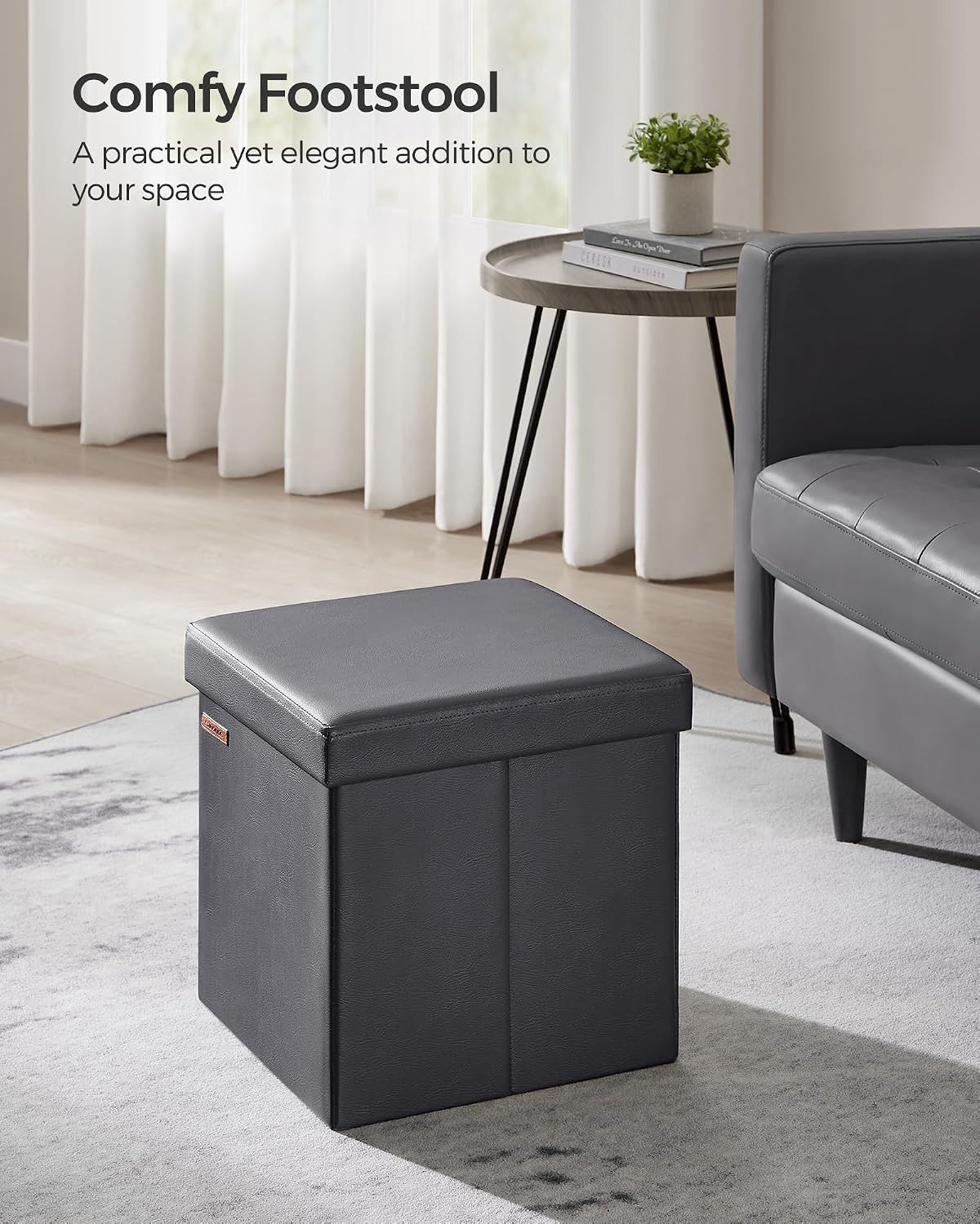 image:imageSONGMICS Storage Ottoman Foldable PU Leather Footrest 15 x 15 x 15 InchDark Gray