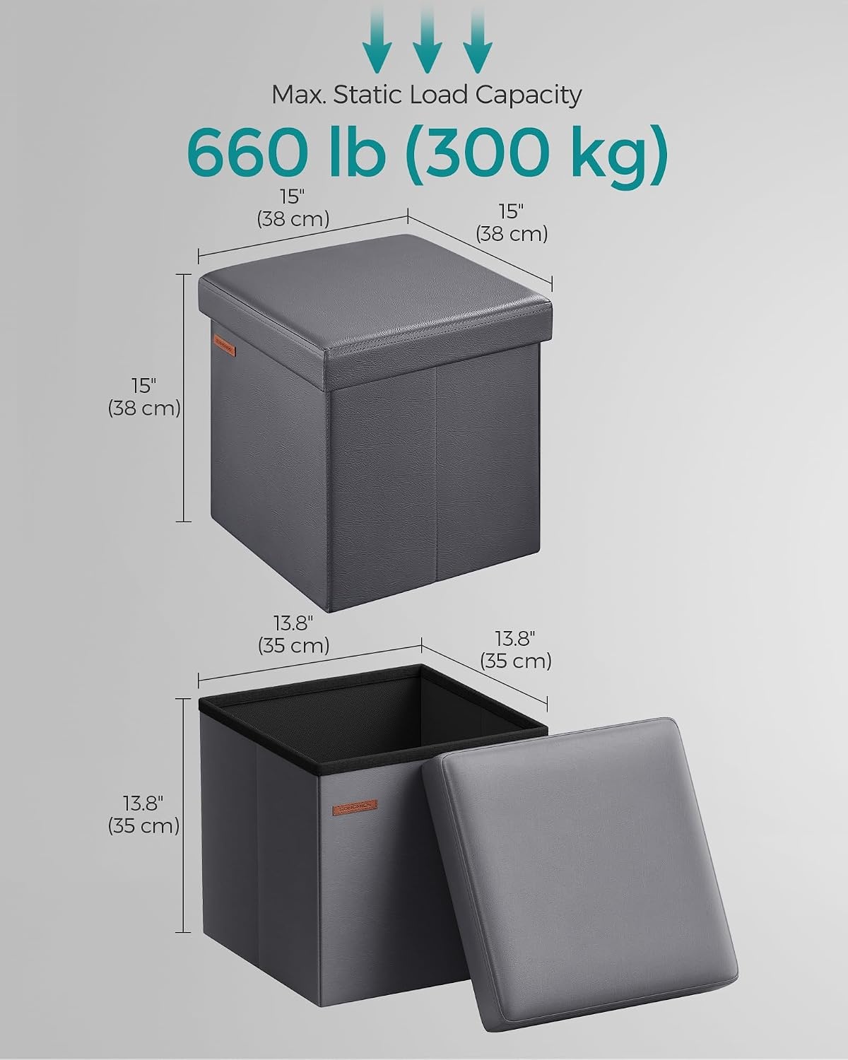 image:imageSONGMICS Storage Ottoman Foldable PU Leather Footrest 15 x 15 x 15 InchDark Gray