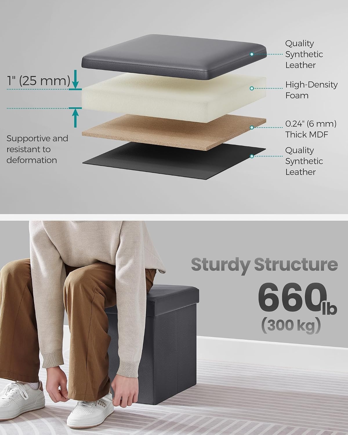 image:imageSONGMICS Storage Ottoman Foldable PU Leather Footrest 15 x 15 x 15 InchDark Gray