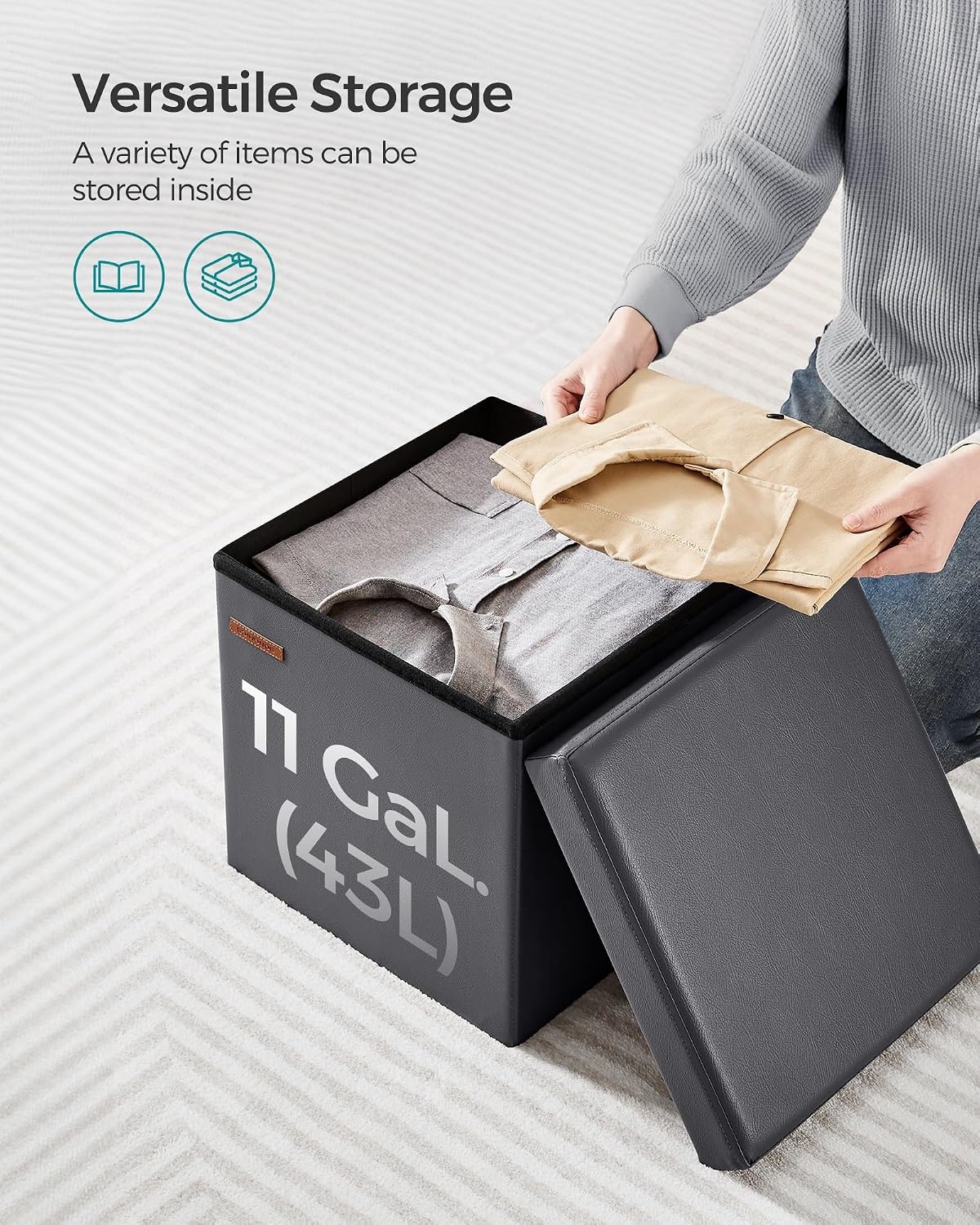 image:imageSONGMICS Storage Ottoman Foldable PU Leather Footrest 15 x 15 x 15 InchDark Gray