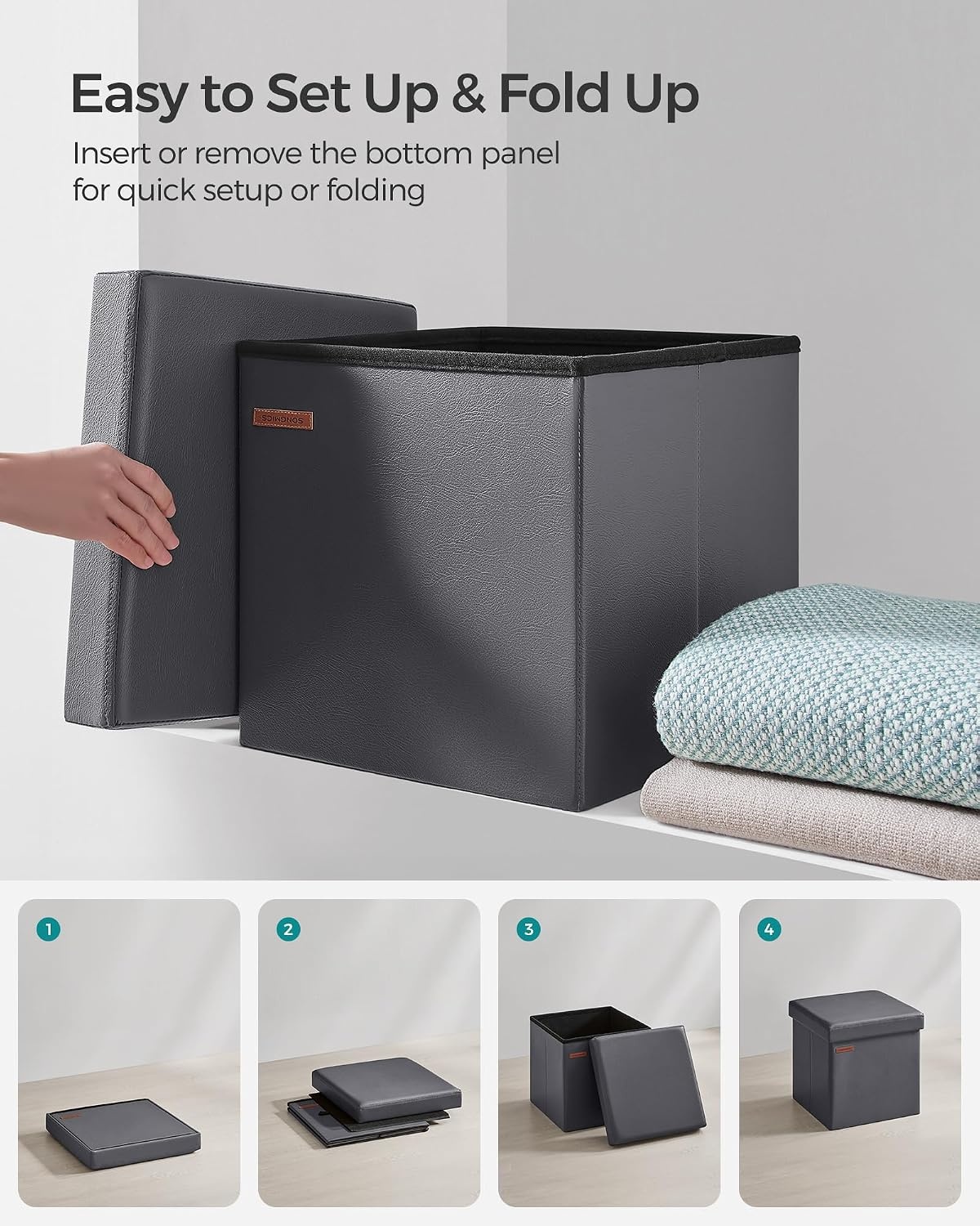 image:imageSONGMICS Storage Ottoman Foldable PU Leather Footrest 15 x 15 x 15 InchDark Gray