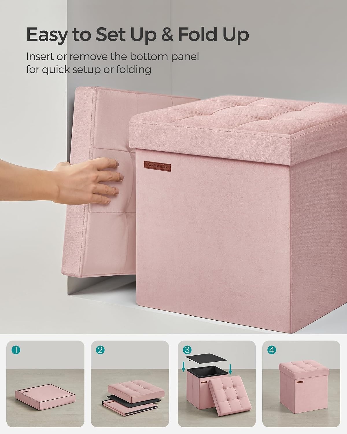image:imageSONGMICS Storage Ottoman Foldable PU Leather Footrest 15 x 15 x 15 InchJelly Pink