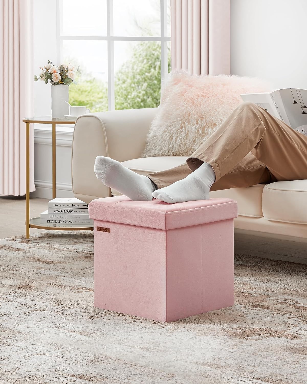 image:imageSONGMICS Storage Ottoman Foldable PU Leather Footrest 15 x 15 x 15 InchJelly Pink