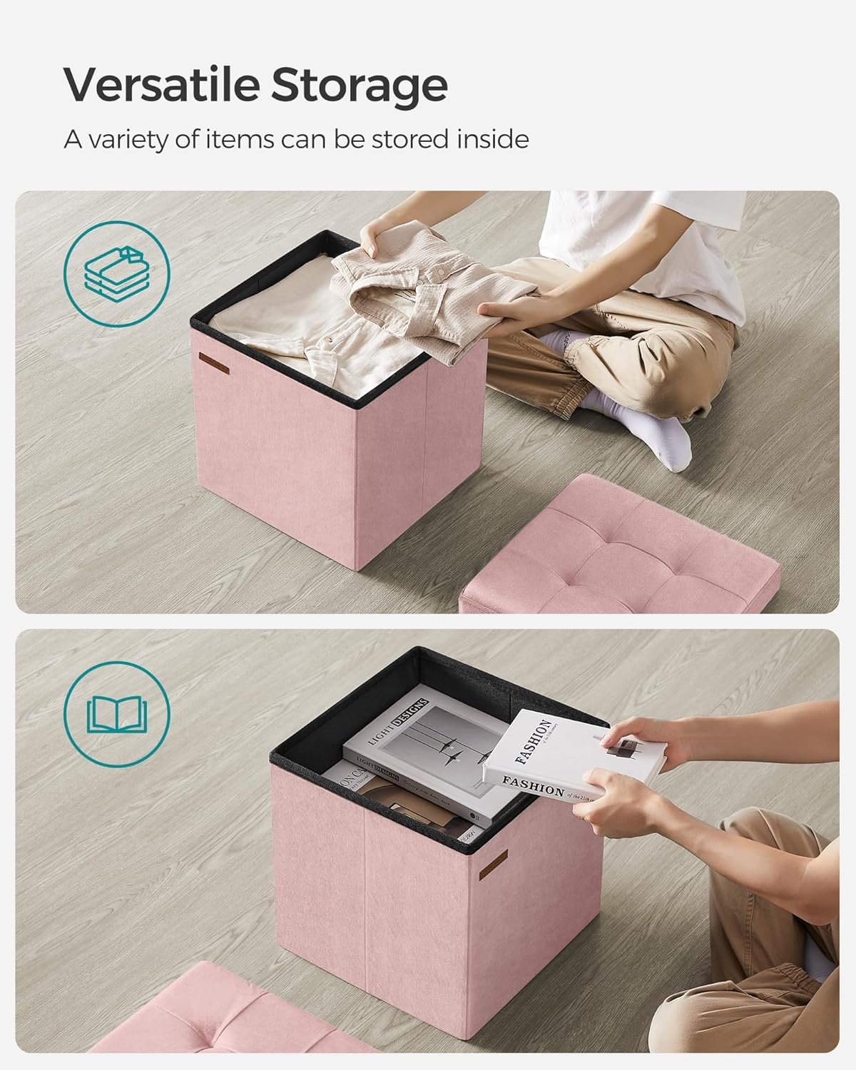 image:imageSONGMICS Storage Ottoman Foldable PU Leather Footrest 15 x 15 x 15 InchJelly Pink