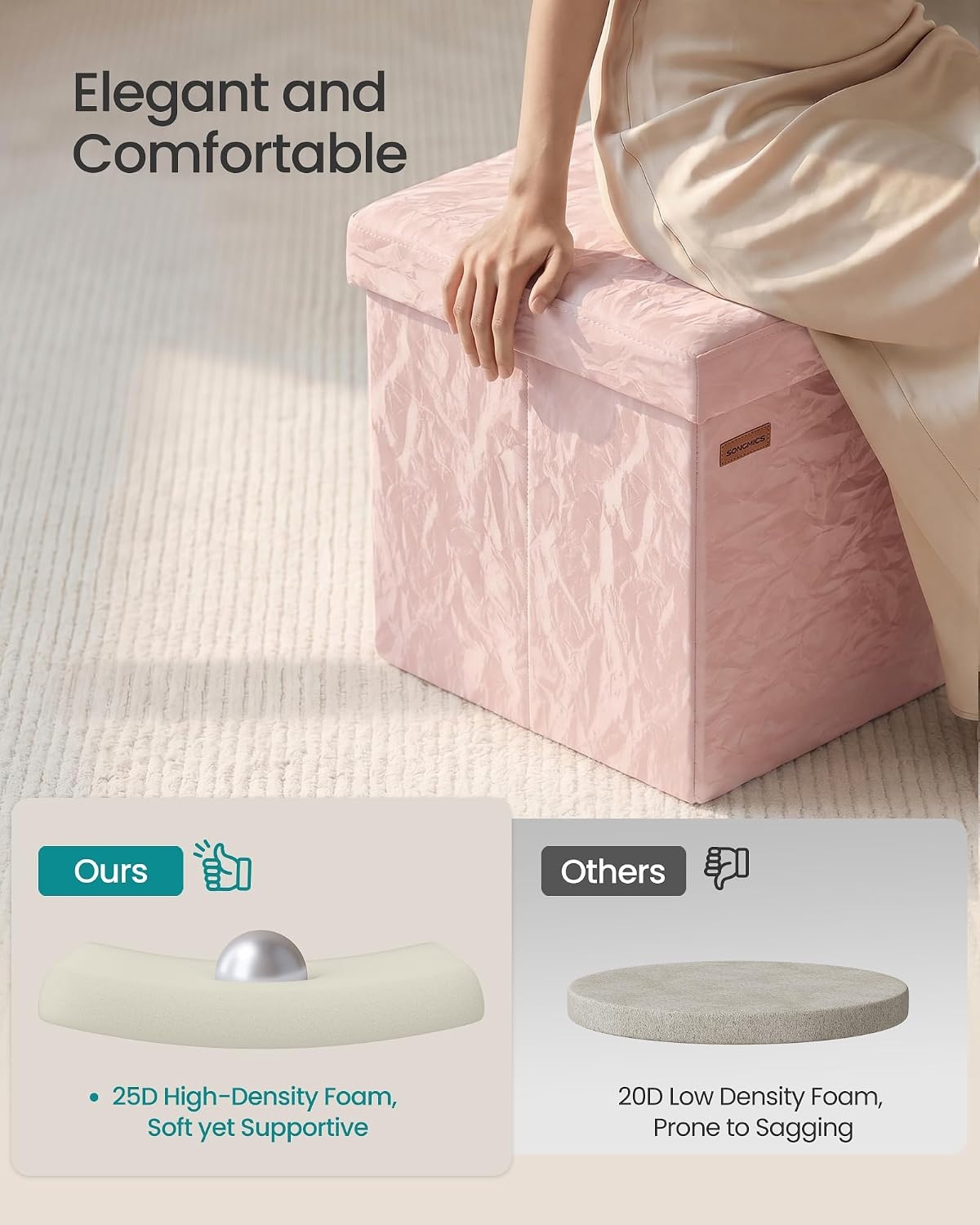 image:imageSONGMICS Storage Ottoman Foldable PU Leather Footrest 15 x 15 x 15 InchPink Wthout Legs