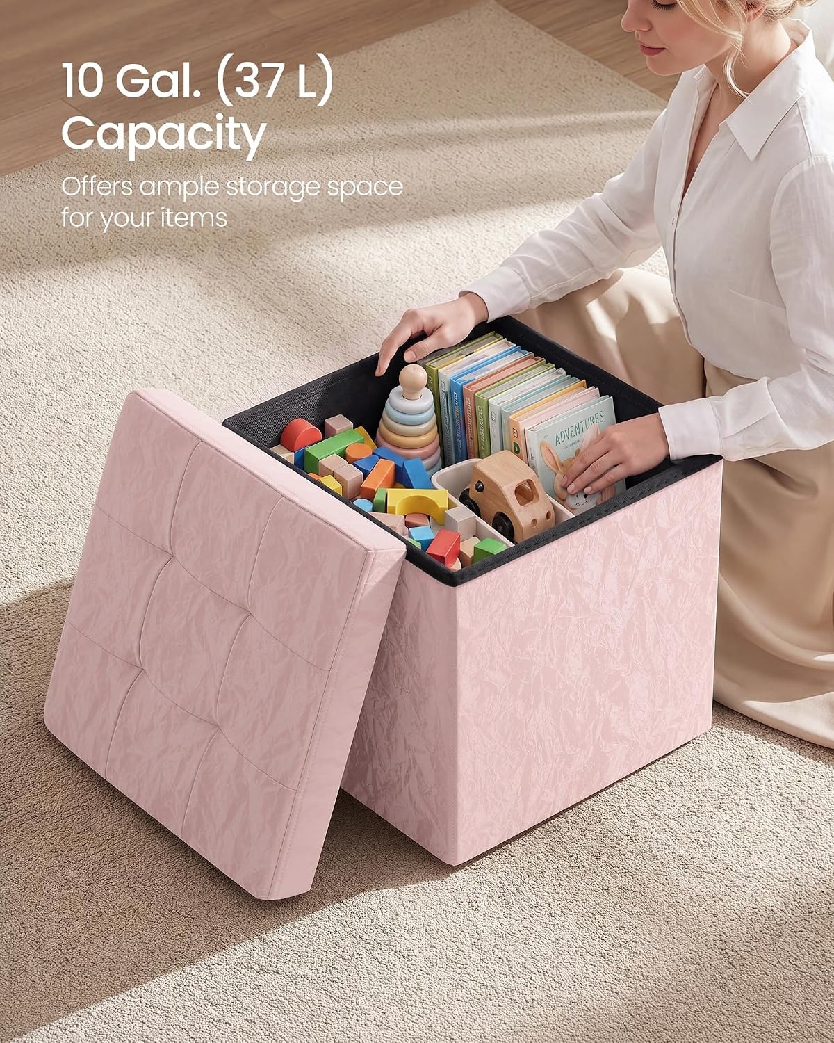 image:imageSONGMICS Storage Ottoman Foldable PU Leather Footrest 15 x 15 x 15 InchPink Wthout Legs