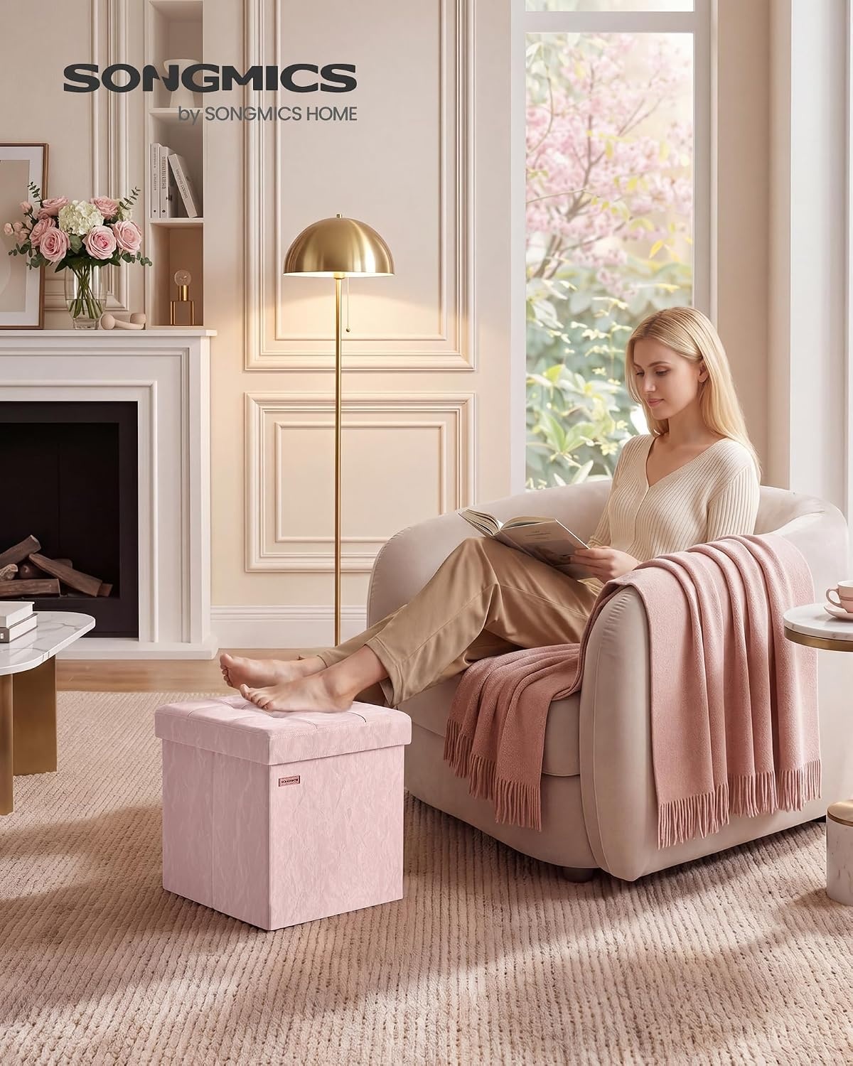 image:imageSONGMICS Storage Ottoman Foldable PU Leather Footrest 15 x 15 x 15 InchPink Wthout Legs