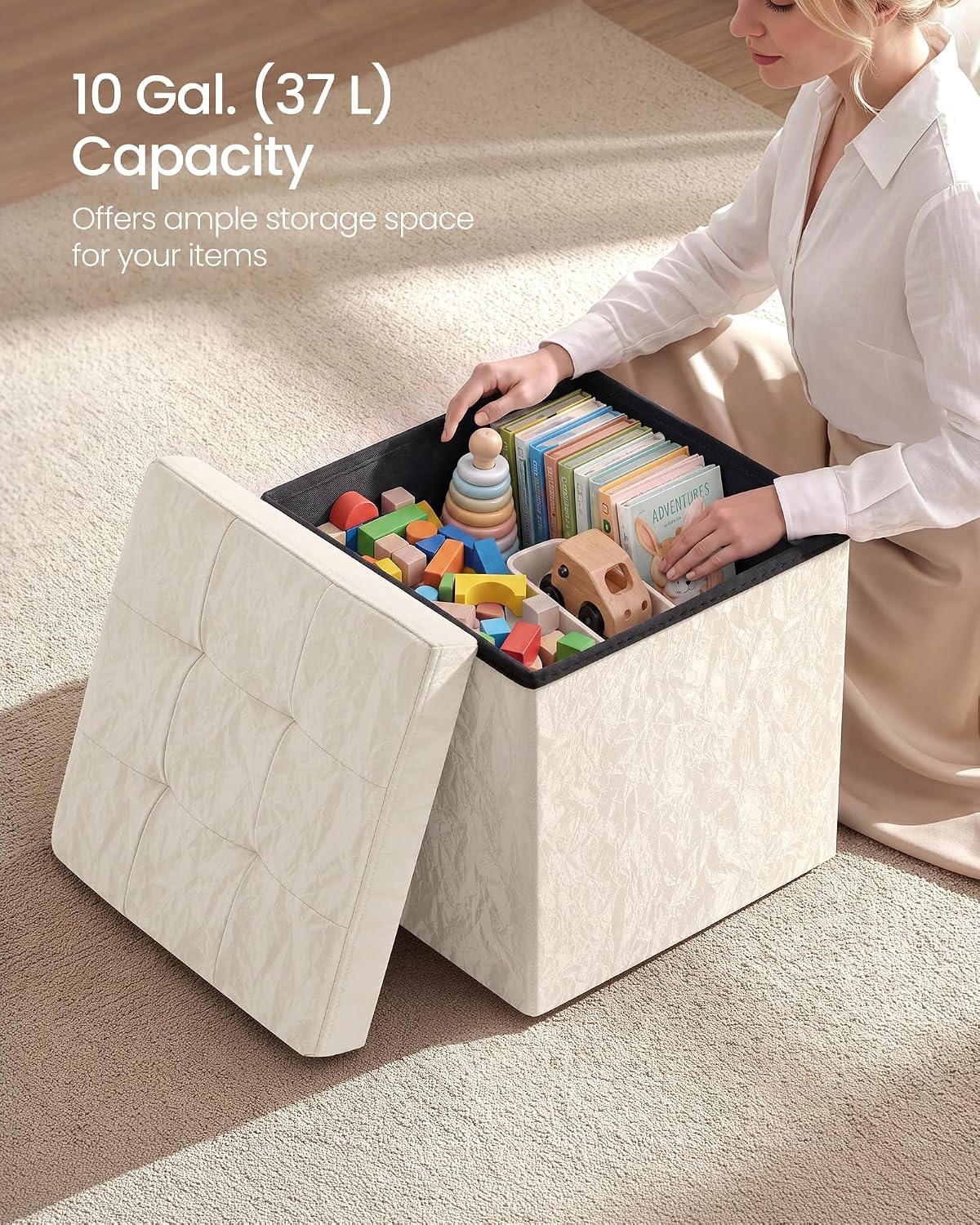 image:imageSONGMICS Storage Ottoman Foldable PU Leather Footrest 15 x 15 x 15 InchWhite Wthout Legs