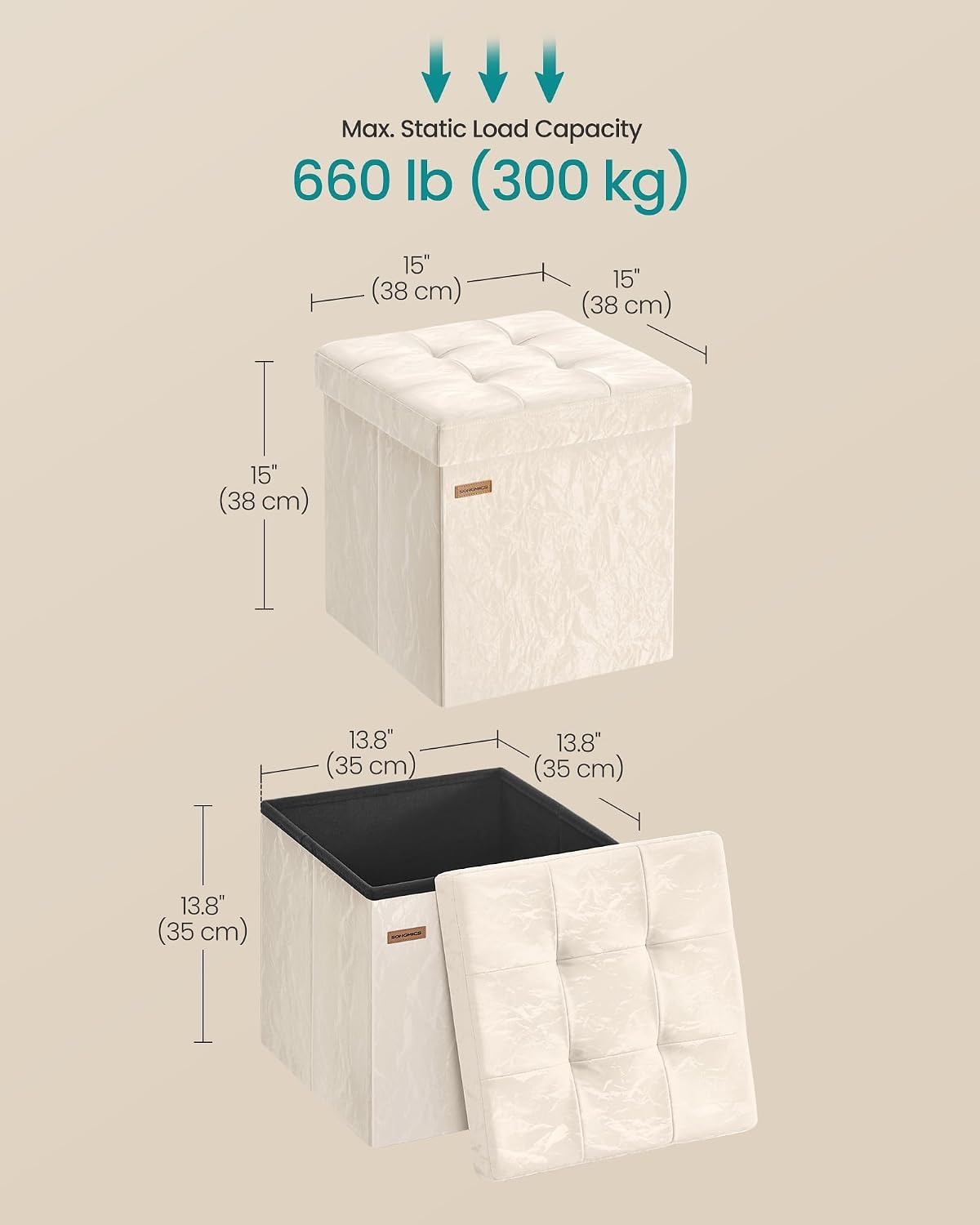 image:imageSONGMICS Storage Ottoman Foldable PU Leather Footrest 15 x 15 x 15 InchWhite Wthout Legs