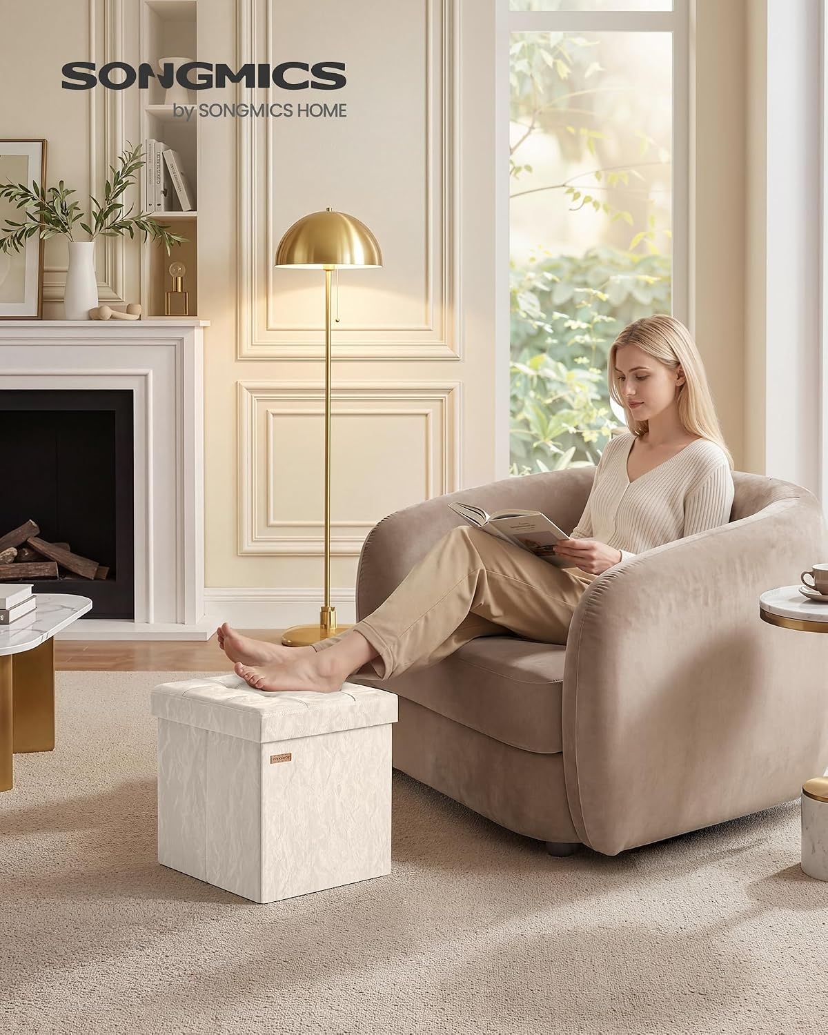 image:imageSONGMICS Storage Ottoman Foldable PU Leather Footrest 15 x 15 x 15 InchWhite Wthout Legs