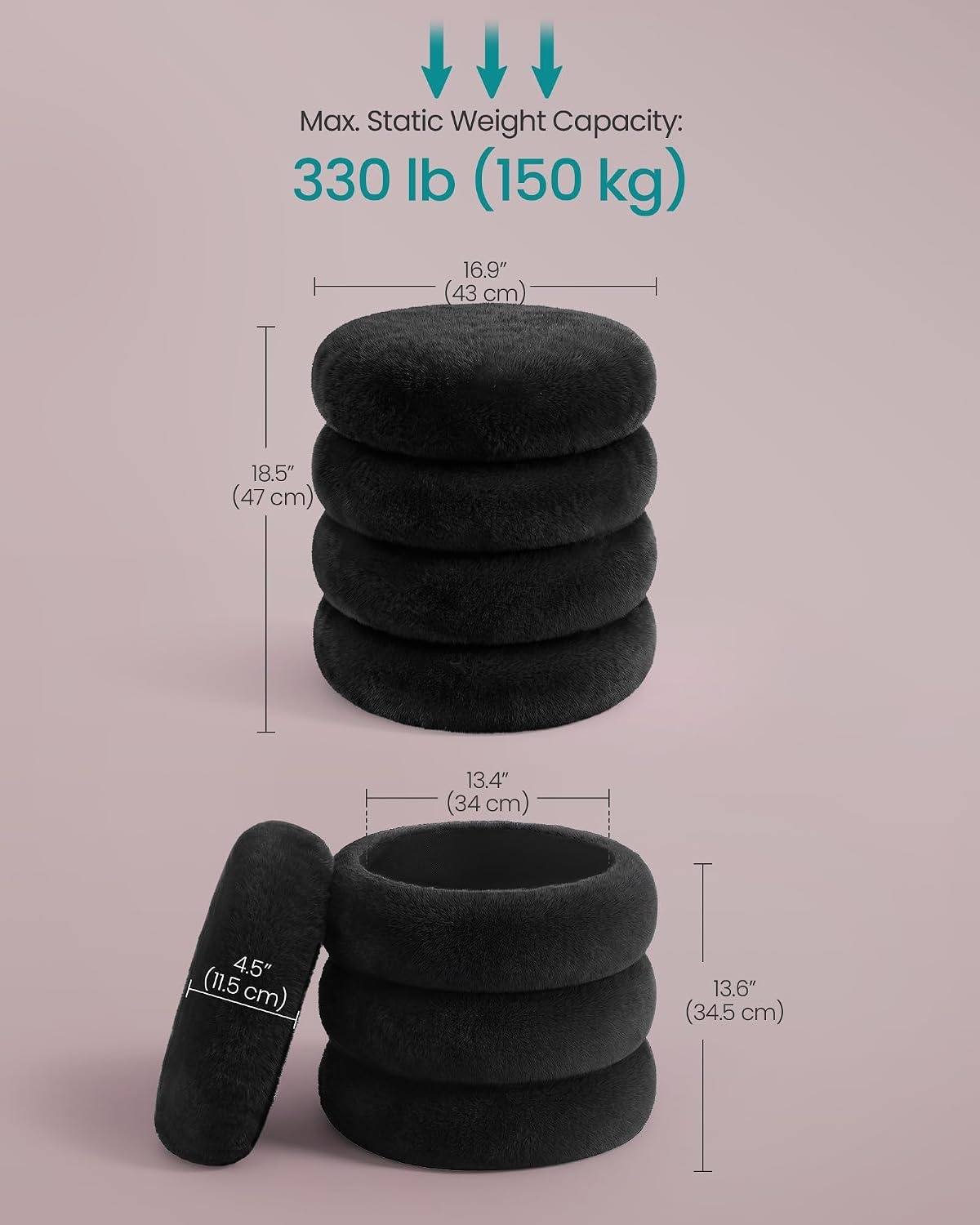 image:imageSONGMICS Vanity Stool Round Ottoman with Storage Teddy FleeceBlack