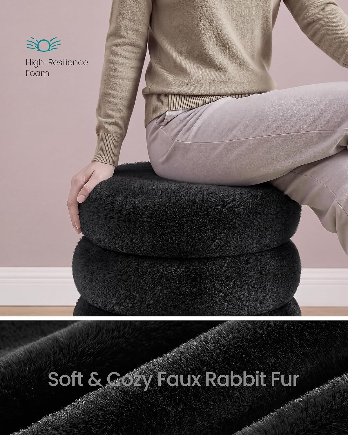 image:imageSONGMICS Vanity Stool Round Ottoman with Storage Teddy FleeceBlack