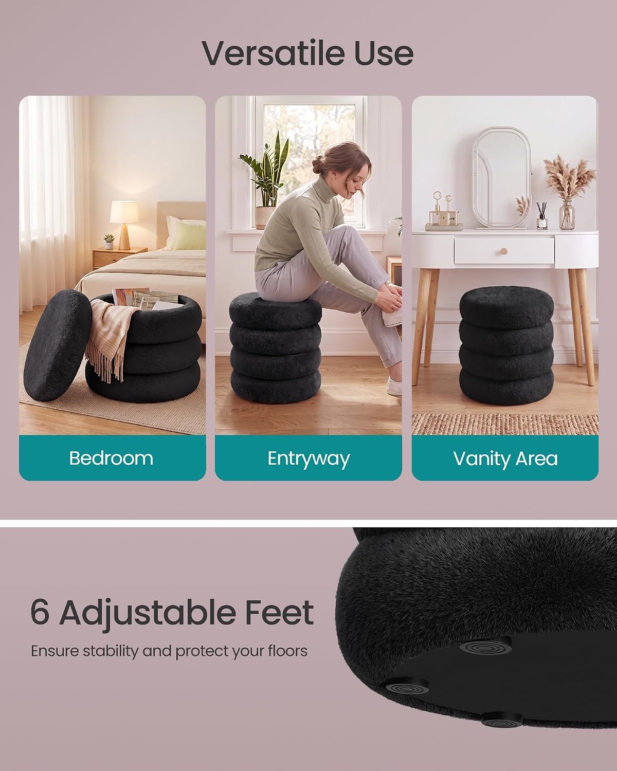 image:imageSONGMICS Vanity Stool Round Ottoman with Storage Teddy FleeceBlack