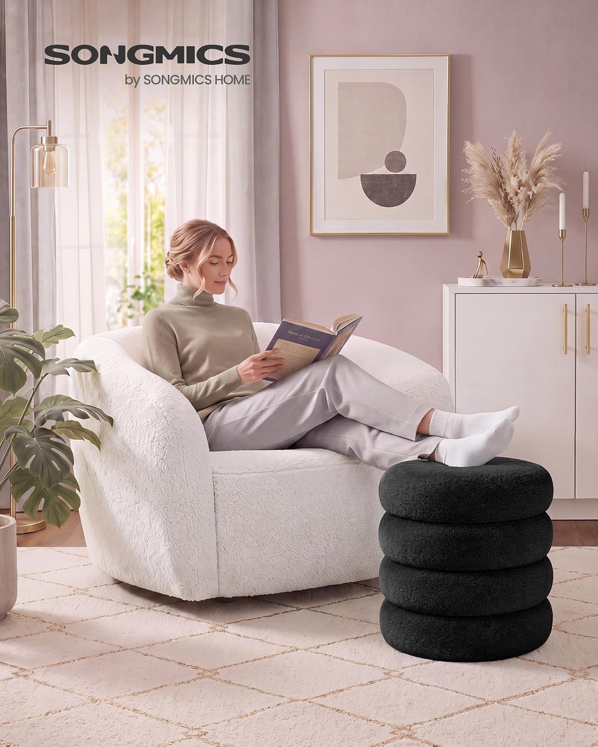image:imageSONGMICS Vanity Stool Round Ottoman with Storage Teddy FleeceBlack