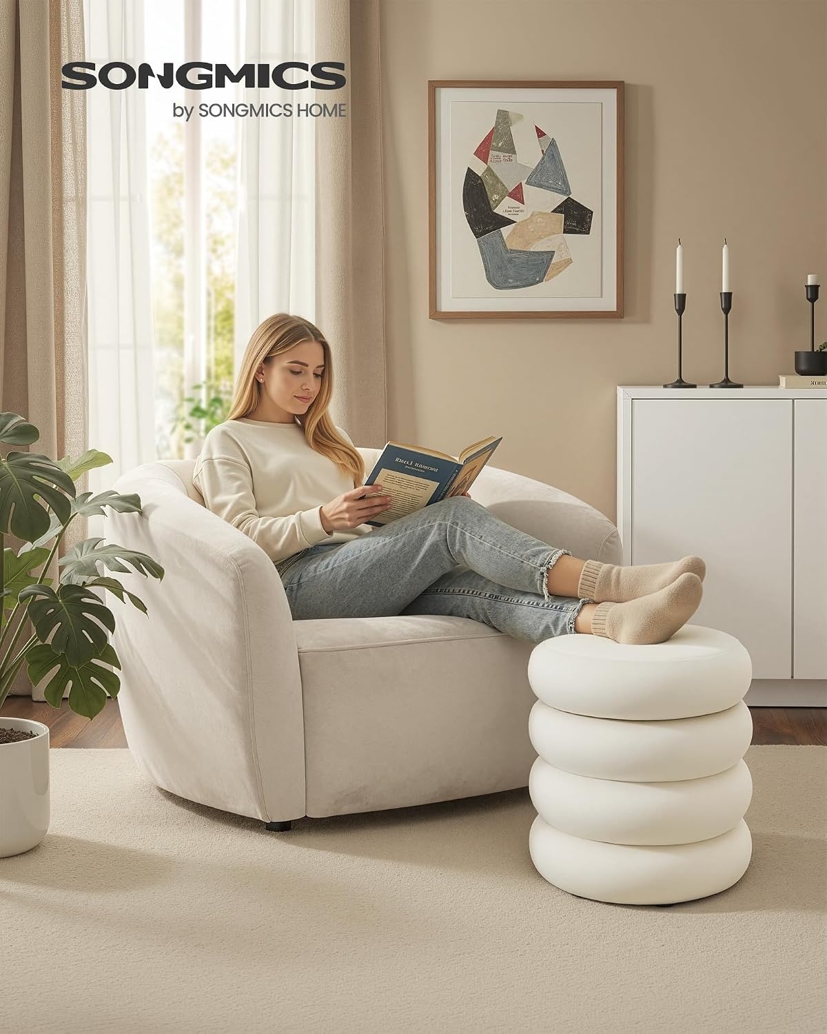 image:imageSONGMICS Vanity Stool Round Ottoman with Storage Teddy FleeceCappuccino White
