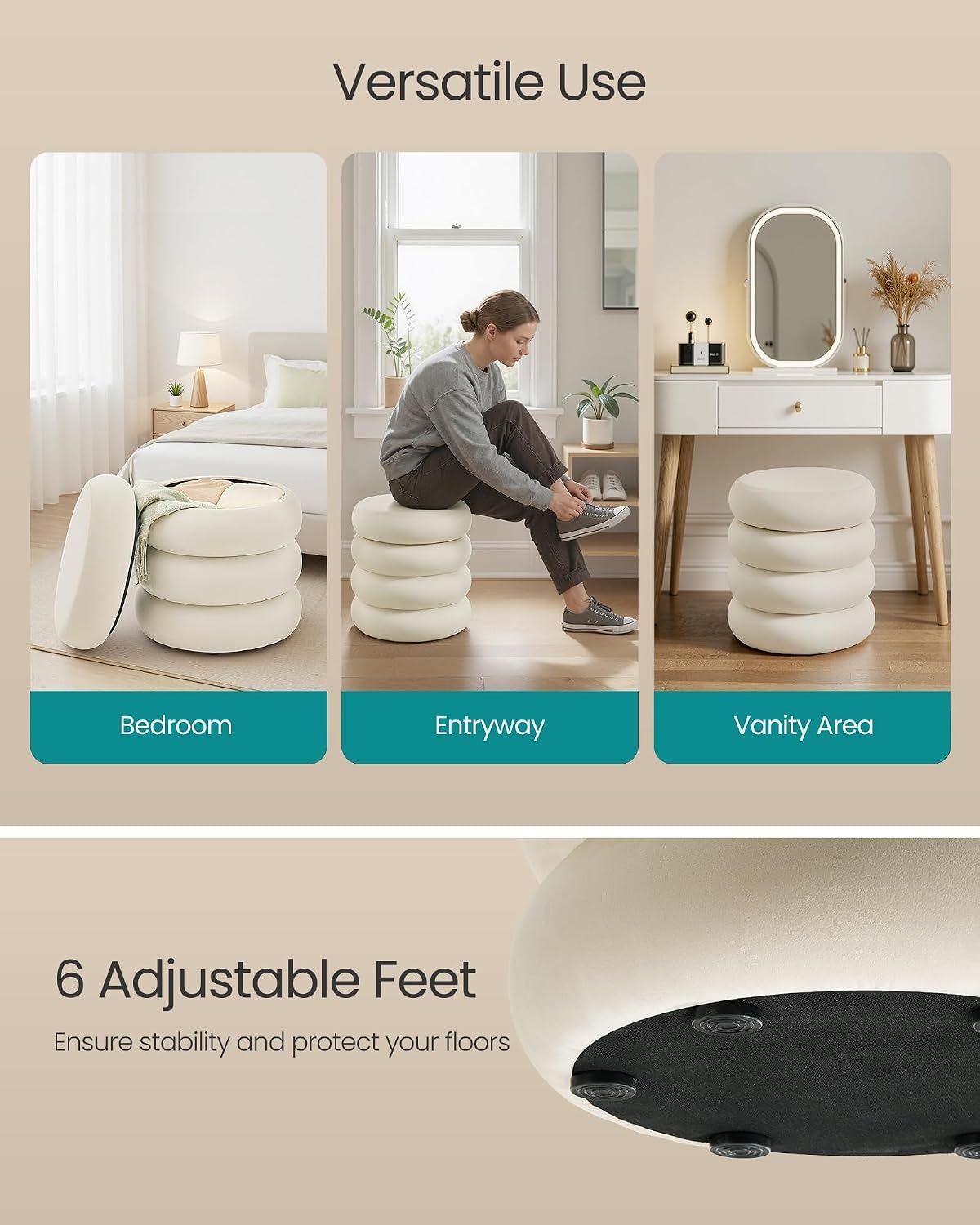 image:imageSONGMICS Vanity Stool Round Ottoman with Storage Teddy FleeceCappuccino White