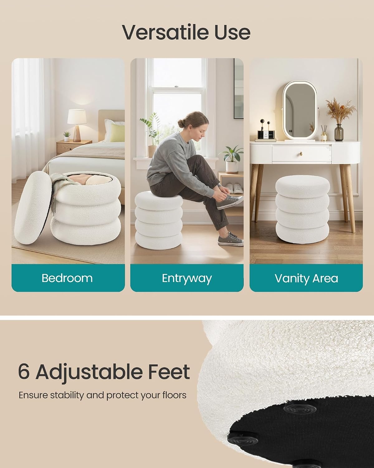 image:imageSONGMICS Vanity Stool Round Ottoman with Storage Teddy FleeceCream White