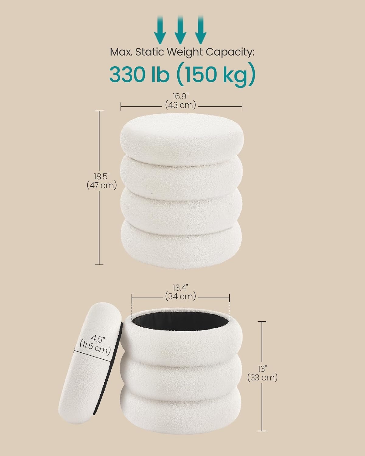 image:imageSONGMICS Vanity Stool Round Ottoman with Storage Teddy FleeceCream White