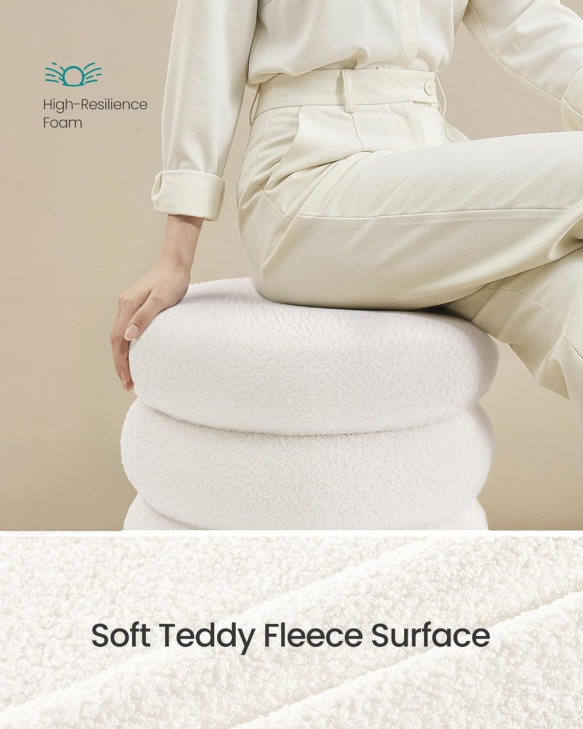 image:imageSONGMICS Vanity Stool Round Ottoman with Storage Teddy FleeceCream White