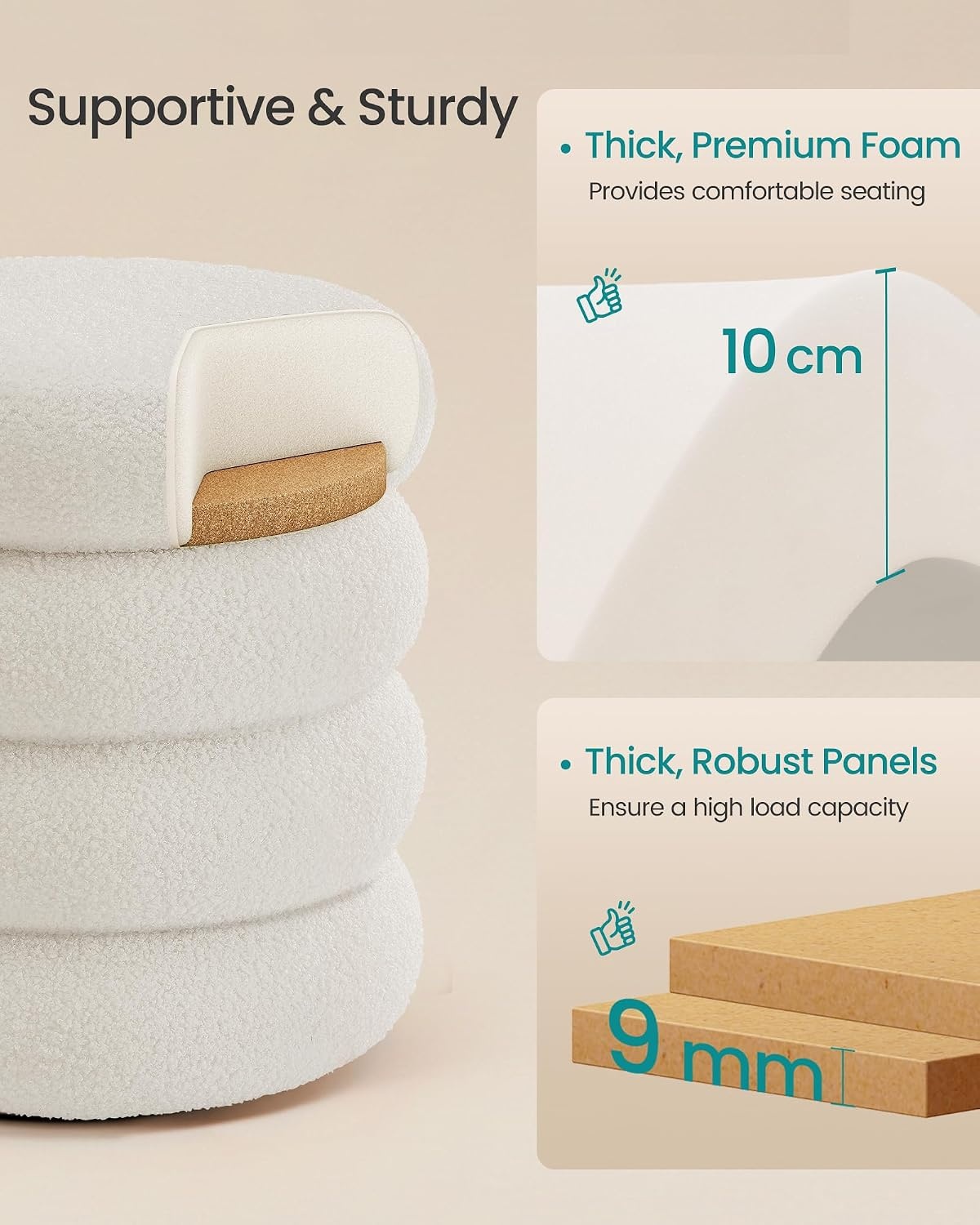 image:imageSONGMICS Vanity Stool Round Ottoman with Storage Teddy FleeceCream White