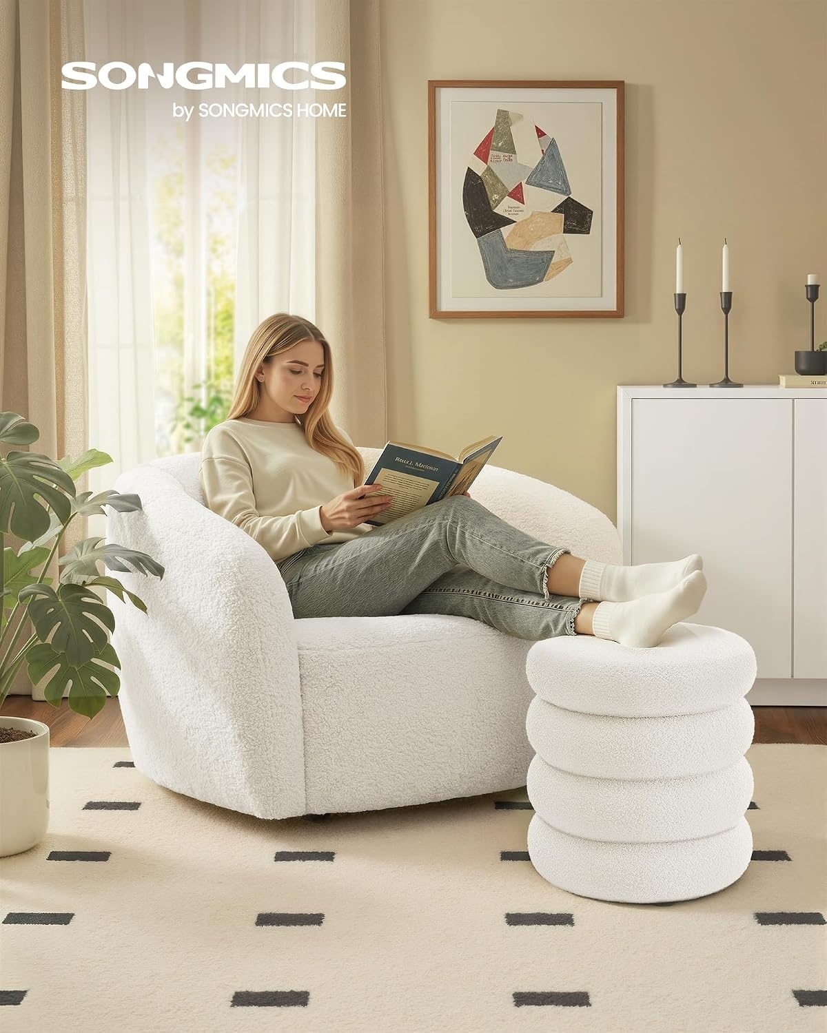 image:imageSONGMICS Vanity Stool Round Ottoman with Storage Teddy FleeceCream White