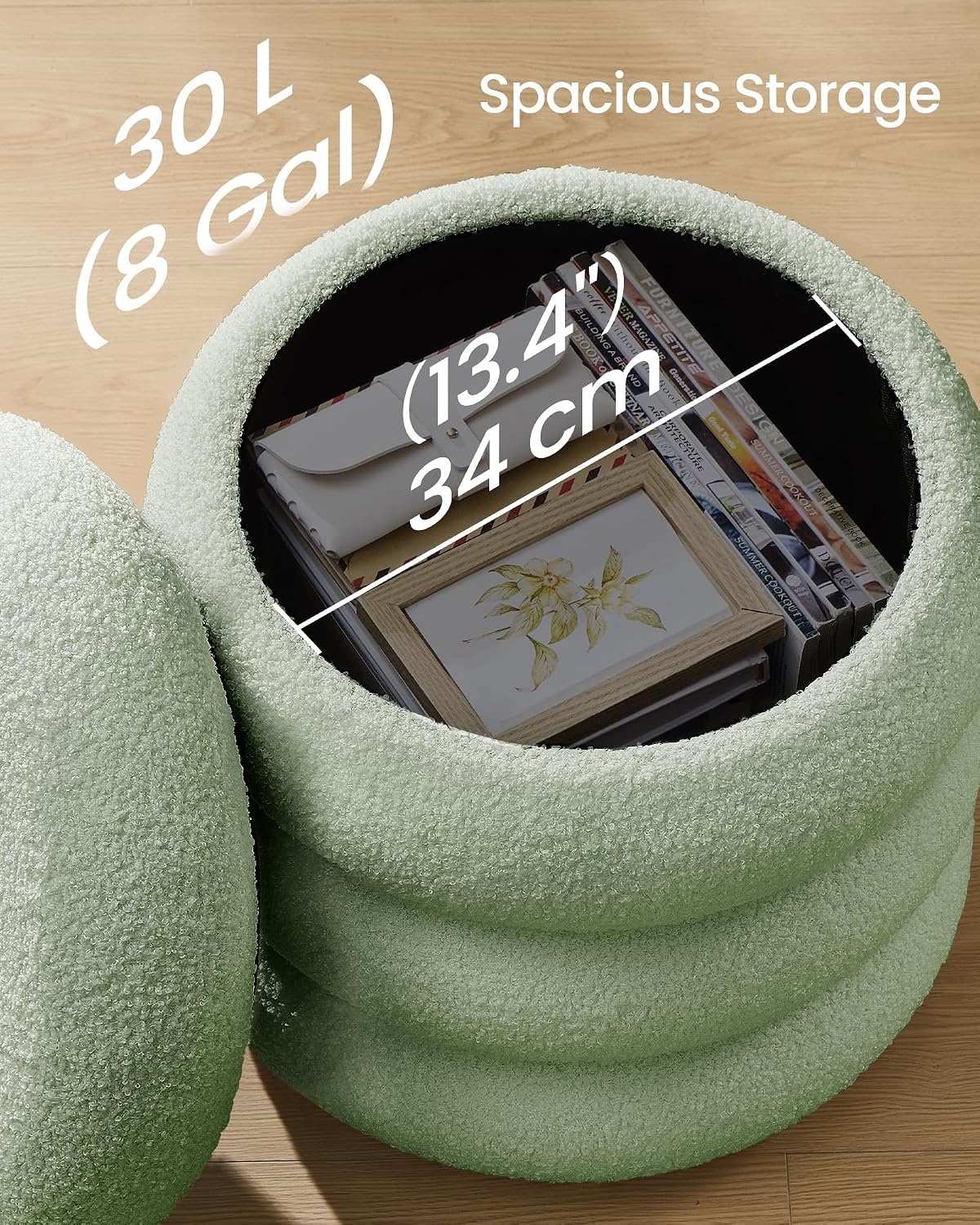 image:imageSONGMICS Vanity Stool Round Ottoman with Storage Teddy FleeceLime Green