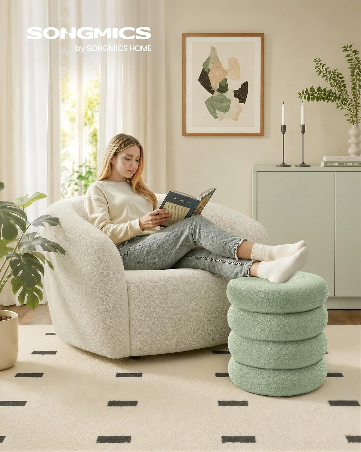image:imageSONGMICS Vanity Stool Round Ottoman with Storage Teddy FleeceLime Green